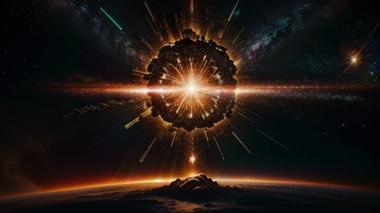 (best quality,4k,8k,highres,masterpiece:1.2),ultra-detailed,(realistic,photorealistic,photo-realistic:1.37),astronomy,painted explosion,shattered asteroid,bright rays,cosmic debris,scattered fragments,distant stars,dramatic lighting,space mission failure,chaotic energy,shimmering dust,cosmic destruction,magnificent destruction,stellar explosion,celestial fireworks,interstellar burst,galactic spectacle,crimson and golden hues,twinkling stars,deep black background,immersive experience,awe-inspiring,intergalactic catastrophe,mesmerizing sight,cosmic phenomenon,starburst,exploding celestial body,cascading light,radiating energy,otherworldly,cosmic impact,space hazard.