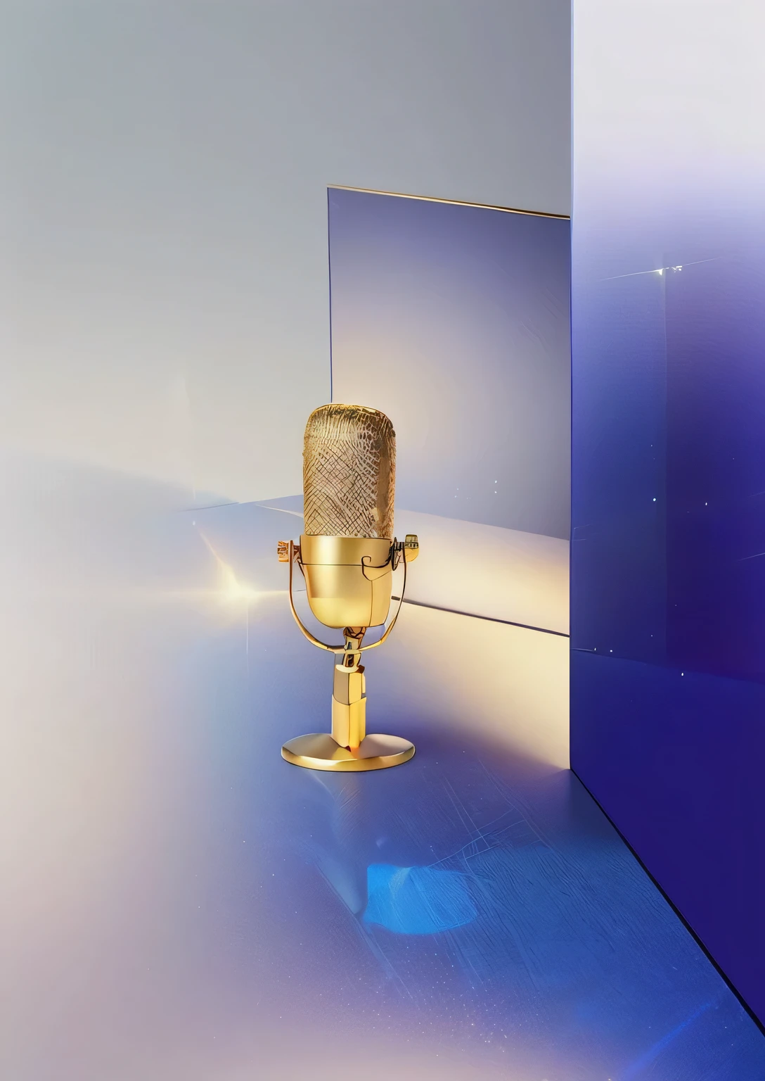 arafed microphone on a blue surface with a mirror in the background, microphone, On a reflective gold plate, standing microphones, sitting in front of a microphone, table with microphones, studio microphone, transparent background, Sharing photo, solid background, detailed background, rapping into microphone, Best selection on Adobe Stock, background, in background, microphones, business banner