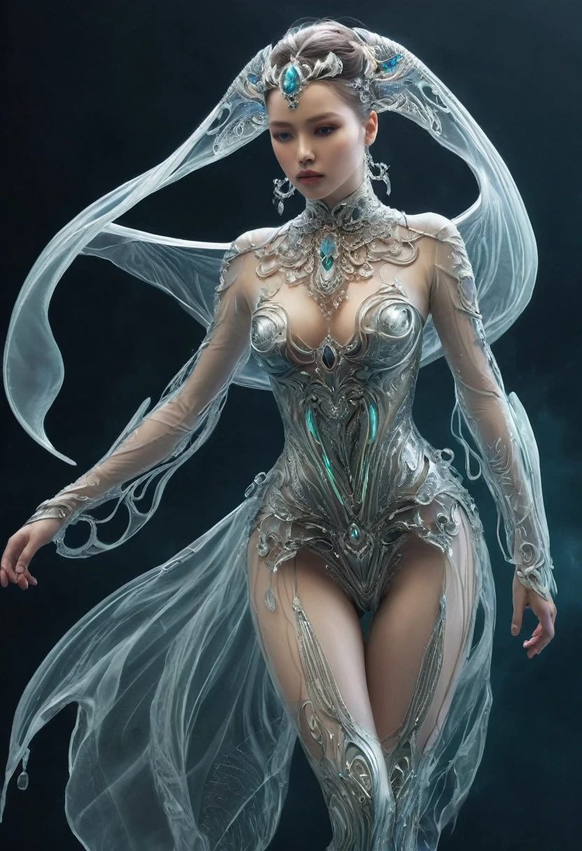 bioMechanical style Ultra detailed illustrations, Phantom Magical Creatures, (Translucent skin: 1.5), (with translucent body: 1.5) Ms. Schiff's Art, Neon, Light Particles, color, cmyk color, Backlight, Cyberpunk, close up, Mechanical, (whole body: 1.9), Dark background, View from top to bottom. blend of organic and Mechanical elements, Futurism, Cybernetic, detailed, complicated,Selective focusing, Miniature effect, Blurred background, highly detailed, Full of energy, View control,(Rich color:1.6),Crab
