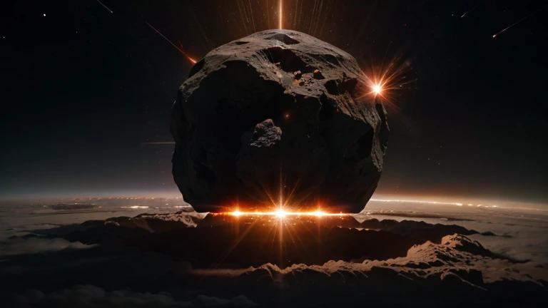 An asteroid exploding and breaking in space with light ble and red rays bouncing off it