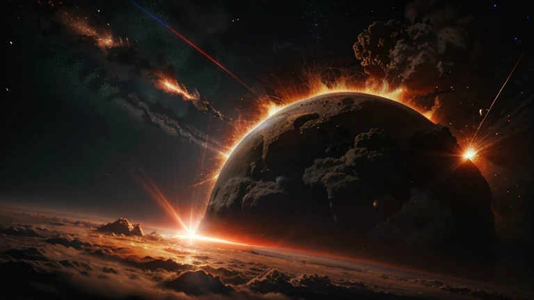 An asteroid exploding and breaking in space with light ble and red rays bouncing off it