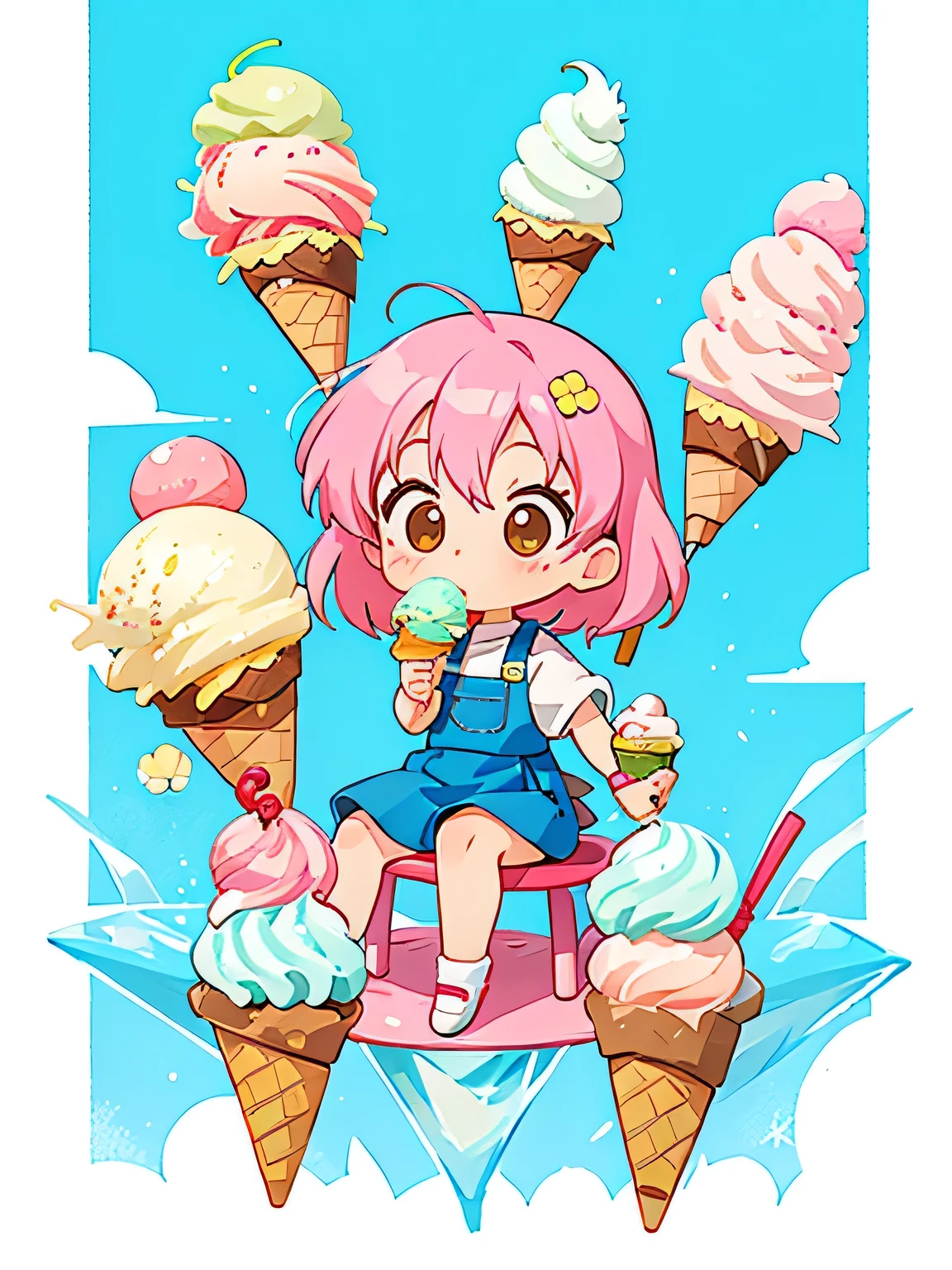 akira toriyama style、Cute design、The most beautiful girl of all time、Chibi、(((Lots of friends)))、(((ice cream)))、Hot Summer Afternoon
