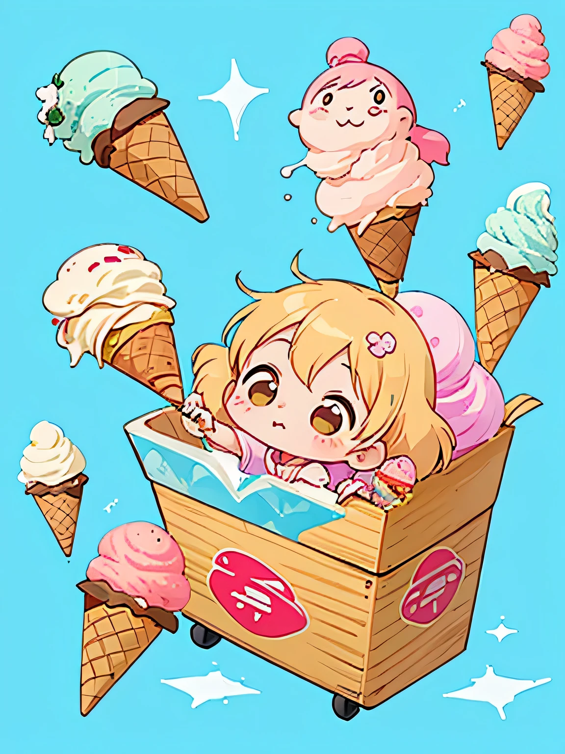akira toriyama style、Cute design、The most beautiful girl of all time、Chibi、(((Lots of friends)))、(((ice cream)))、Hot Summer Afternoon