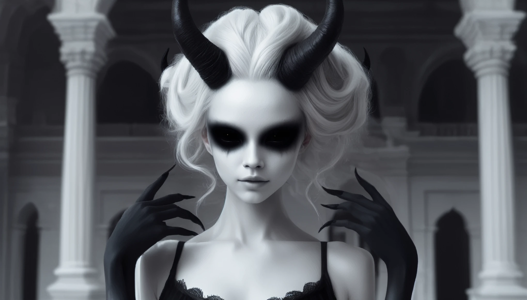 ( , Castle rooms, lobby, Stone wall:1), , A devil girl with white skin and black horns, (Black eyes, Black painted blindfold), (  Black paint on forehead:1.1),( Wearing a black camisole, Black bloomers:1.1) , ( Black gradient arms and legs:1.2) ,(Updo bun Gray hair:1.2) , bright , Very thin, 