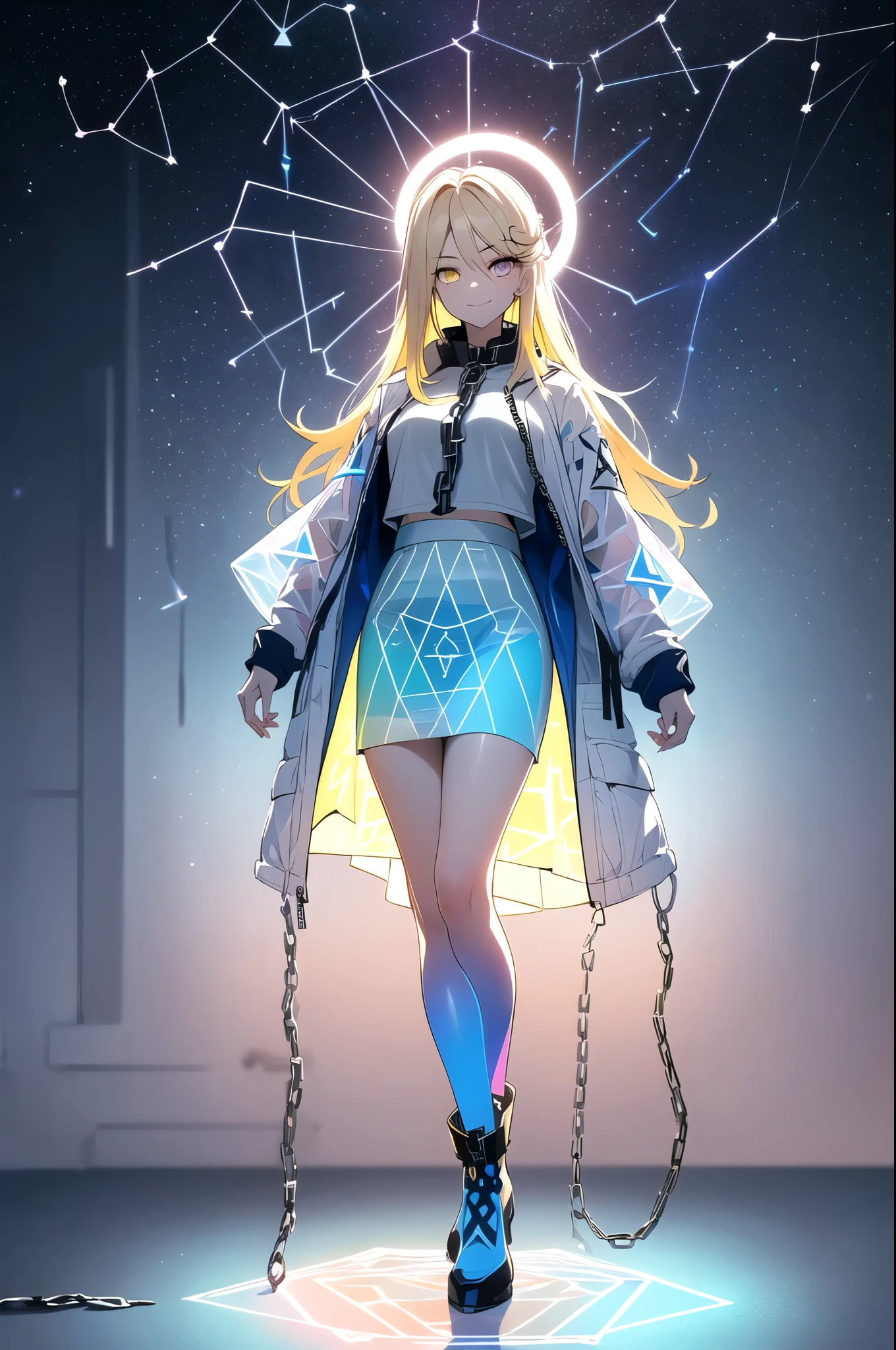 (blonde hair, long hair, sidelocks), (eyes with a mix of yellow and blue irises:1.5), two-tone eyes, (multicolored eyes:1.5) (gradient eyes:1.5), (white and blue jacket with constellation prints:1.5), (best quality,4k,8k,highres,masterpiece:1.2), ultra-detailed, portraits, (HDR:1.1), (vivid colors:1.1), (studio lighting), (bokeh), (highly saturated colors), (soft lighting), (detailed background), (subtle shadows), (ethereal glow), (pastel color palette), (delicate details), (sublime beauty), (feminine charm), (crisp focus), (fine brushwork), (impeccable craftsmanship), (emotional depth), (captivating storytelling), (intriguing narrative), (impressive realism), (exceptional artistry), (masterpiece-worthy), (awe-inspiring), blonde hair, very long hair, sidelocks, (eyes with a mix of yellow and blue irises:1.5), (two-tone eyes:1.5), (multicolored irises:1.5), multicolored eyes (gradient eyes:1.5), white and blue jacket with constellation prints, metallic skirt, (smug:1.5), (smirk), naughty face, mischievous, futuristic clothing, science fiction setting, high-tech, glowing eyes, (unicursal hexagram-shaped irises), (full body:1.5), (chains:1.5), (holographic halo:1.5), (unicursal hexagram halo:1.5), xuer hologram Laser skirt, (transparent skirt:1.5)
