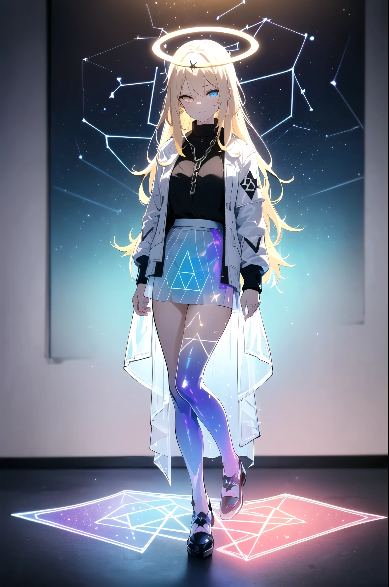 (blonde hair, long hair, sidelocks), (eyes with a mix of yellow and blue irises:1.5), two-tone eyes, multicolored eyes gradient eyes, white and blue jacket with constellation prints, (best quality,4k,8k,highres,masterpiece:1.2), ultra-detailed, portraits, (HDR:1.1), (vivid colors:1.1), (studio lighting), (bokeh), (highly saturated colors), (soft lighting), (detailed background), (subtle shadows), (ethereal glow), (pastel color palette), (delicate details), (sublime beauty), (feminine charm), (crisp focus), (fine brushwork), (impeccable craftsmanship), (emotional depth), (captivating storytelling), (intriguing narrative), (impressive realism), (exceptional artistry), (masterpiece-worthy), (awe-inspiring), blonde hair, very long hair, sidelocks, (eyes with a mix of yellow and blue irises:1.5), (two-tone eyes:1.5), (multicolored irises:1.5), multicolored eyes (gradient eyes:1.5), white and blue jacket with constellation prints, metallic skirt, (smug:1.5), (smirk), naughty face, mischievous, futuristic clothing, science fiction setting, high-tech, glowing eyes, (unicursal hexagram-shaped irises), (full body:1.5), (chains:1.5), (holographic halo:1.5), (unicursal hexagram halo:1.5), xuer hologram Laser dress