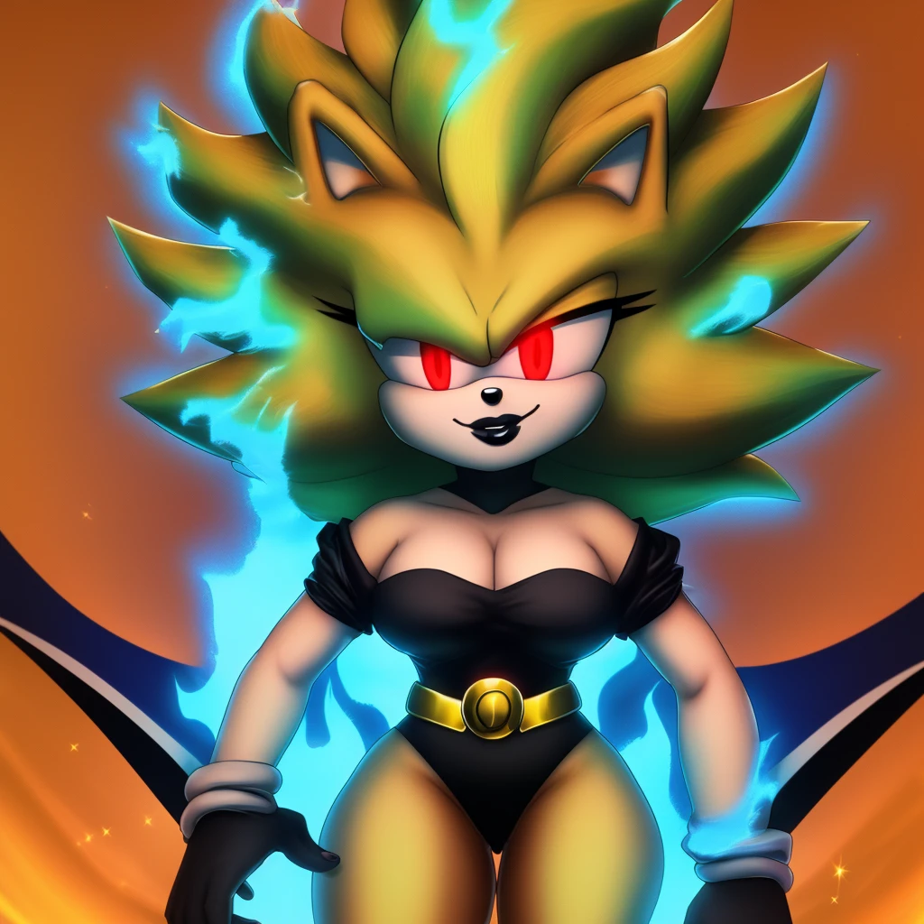 masterpiece, 4k, high quality, studio quality, (sonic the hedgehog), 1girl, (plump lips, smirk, black lipstick), (fluffy hair, wavy hair), (hair over one eye), ((super saiyan, golden hair)), (sparkle, blue aura), (shiny skin), (deep red eyes, glowing eyes),