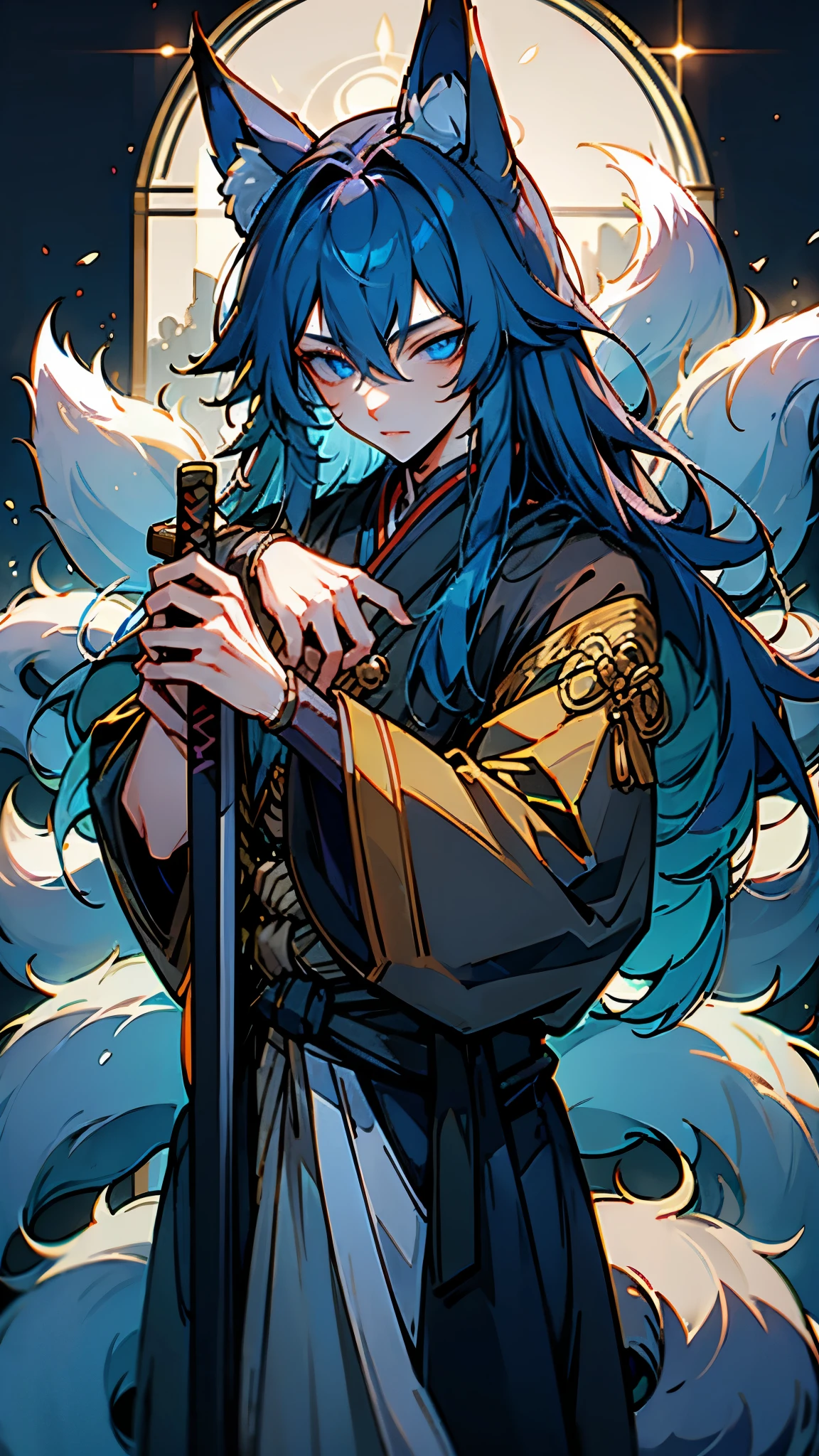 Kitsune, male, beautiful face, beautiful blue eyes,fox ears, fox tail, medium long hair, dnd rogue, rogue, rogue costume, (tanto sword), threatening pose