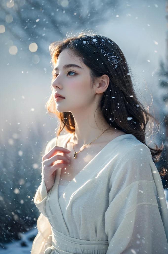 ( masterpiece, top quality, best quality,8k, girl,ultra detailed,raw photo:1.5),(photorealistic:1.4), (cinematic lighting), PerfectNwsjMajic, , Surrealism, UHD, ccurate, Super detail, textured skin, High detail, Best quality, dynamic angle, White skin,[Beautiful blue eyes], high nose,[flat chest:large breasts:0.5],(1girl),((good anatomy:0.5)), Dreamy atmosphere,expressive brush strokes, mystical ambiance, Artistic interpretation, Stunning Studio Ghibli style costumes, a whimsical illustration, Subtle colors and tones, mystical aura, jewelry, splendor ,snow storm, White dress 