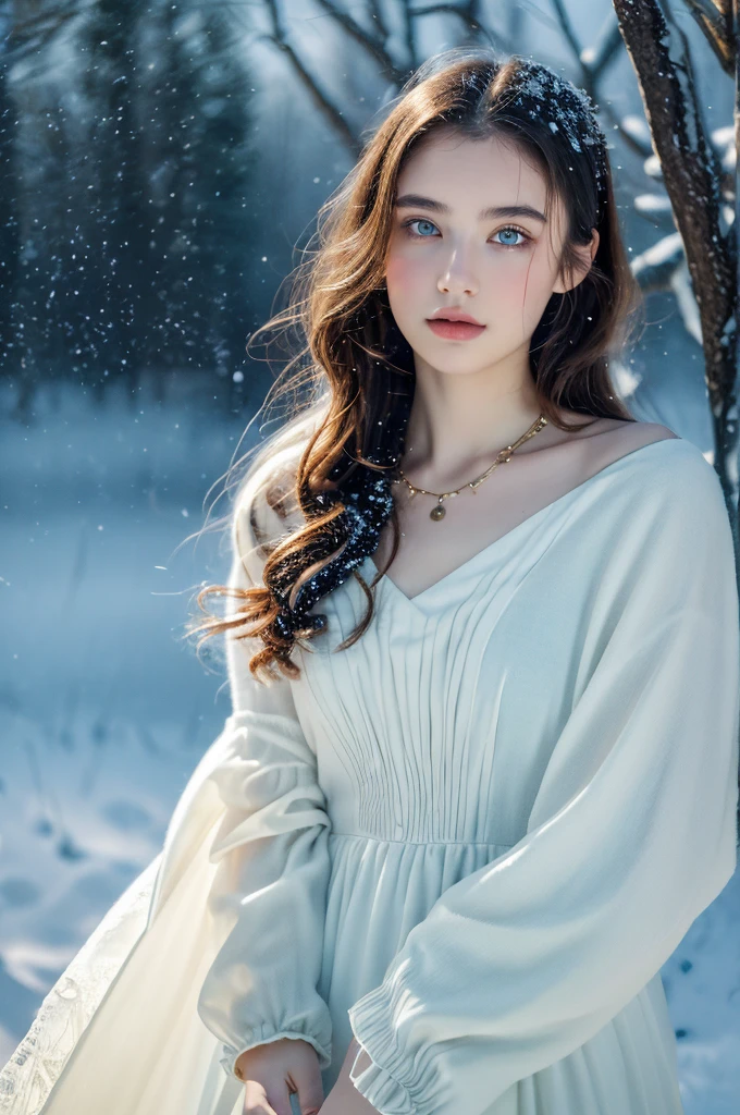 ( masterpiece, top quality, best quality,8k,17 years old girl,ultra detailed,raw photo:1.5),(photorealistic:1.4), (cinematic lighting), PerfectNwsjMajic, , Surrealism, UHD, ccurate, Super detail, textured skin, High detail, Best quality, dynamic angle, White skin,[Beautiful blue eyes], high nose,[flat chest:large breasts:0.5],(1girl),((good anatomy:0.5)), Dreamy atmosphere,expressive brush strokes, mystical ambiance, Artistic interpretation, Stunning Studio Ghibli style costumes, a whimsical illustration, Subtle colors and tones, mystical aura, jewelry, splendor ,snow storm, White dress 
