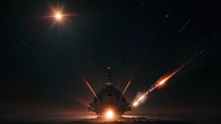 An alien craft exploding and breaking in space with light ble and red rays bouncing off it