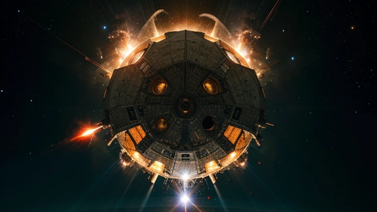 An alien craft exploding and breaking in space with light ble and red rays bouncing off it