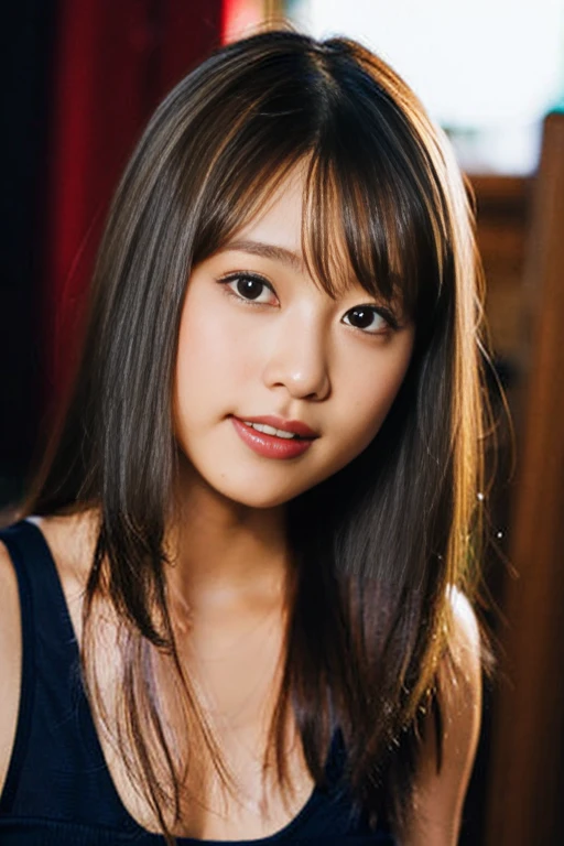 (8k、RAW Photos、highest quality、masterpiece:1.2)、(Realistic、Photorealistic:1.37)、Very detailed、Ultra-high resolution、1 female、Seeing the viewer、Beautiful and elaborate face、Big eyes、Blue eyeshadow、round face、Laughter、narrow、(Narrow waist) :1.3)、Beautiful, smooth skin、Skin Texture、Floating Hair、Professional Lighting、The whole human body、Long Hair、Blonde、blonde、Japanese high 、Sleeveless dress、Bob Hair、E Cup、smile、Age 25、Baby Face、childish smile、Moisturizing lips、Light pink lips、Nostalgic Countryside、Arcade