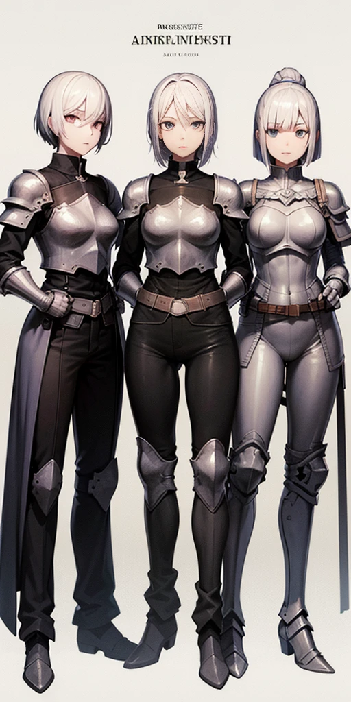 ((PLAIN BACKGROUND 1:2, masterpiece)) White hair, short bob hair cut, pinched eyes, (8K, Best quality, style of anime) Ancient European realistic style armor, white silver-haired female knight, Green emerald pupils, High ponytail, Wearing silver-white armor, Delicate facial features, The drawing style is similar to that of characters in anime, military boots, Gaiters with a pure white background, Character design, quadratic element, Include a small amount of introductory text, Three views of people