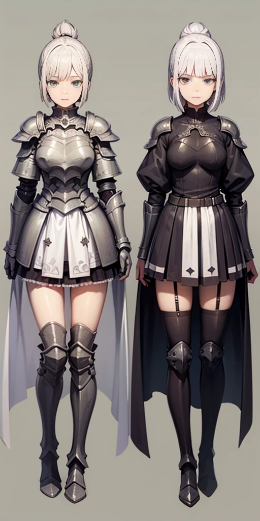 ((PLAIN BACKGROUND 1:2, masterpiece)) White hair, short bob hair cut, pinched eyes, (8K, Best quality, style of anime) Ancient European realistic style armor, white silver-haired female knight, Green emerald pupils, High ponytail, Wearing silver-white armor, Delicate facial features, The drawing style is similar to that of characters in anime, military boots, Gaiters with a pure white background, Character design, quadratic element, Include a small amount of introductory text, Three views of people