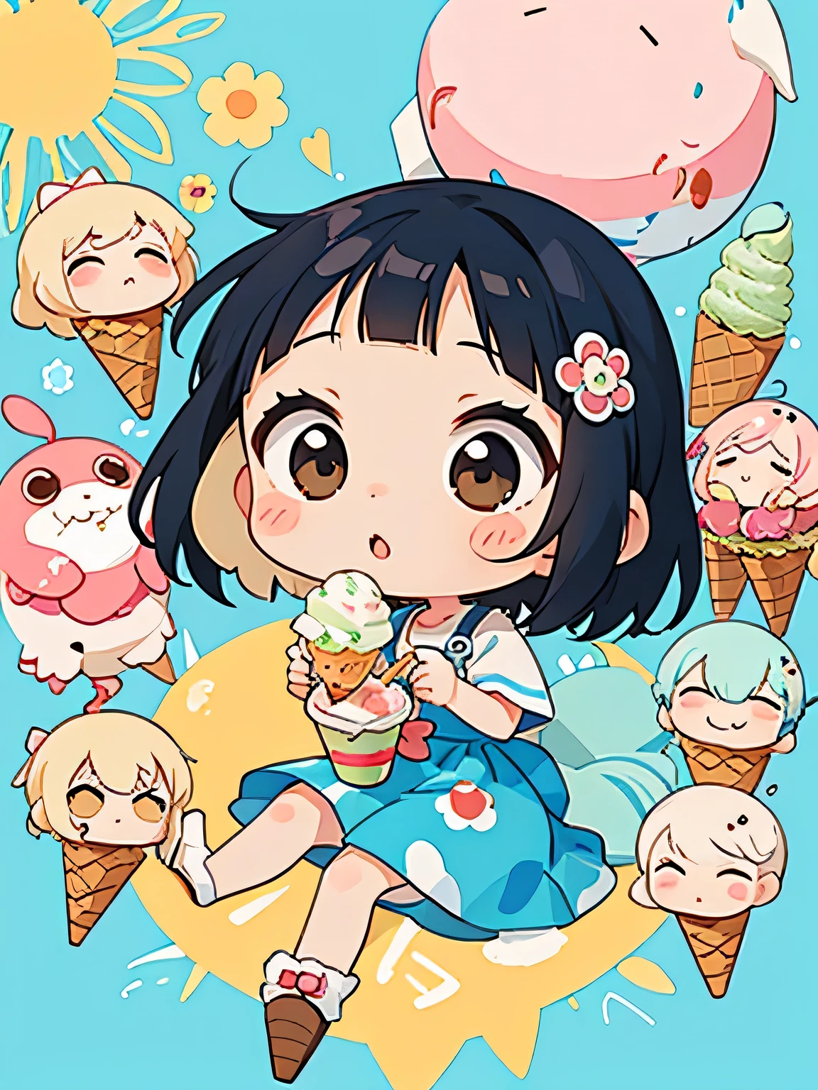 Takashi Murakami style、Cute design、The most beautiful girl of all time、Chibi、(((Lots of friends)))、(((ice cream)))、Hot Summer Afternoon