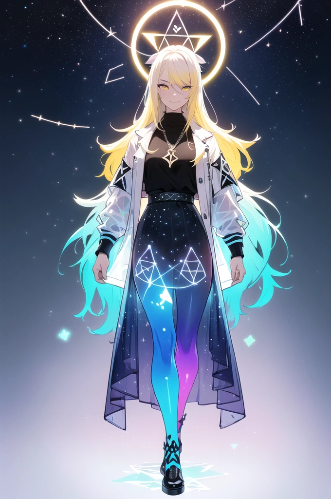 (blonde hair, long hair, sidelocks), (eyes with a mix of yellow and blue irises:1.5), two-tone eyes, (multicolored eyes:1.5) (gradient eyes:1.5), (white and blue jacket with constellation prints:1.5), (best quality,4k,8k,highres,masterpiece:1.2), ultra-detailed, portraits, (HDR:1.1), (vivid colors:1.1), (studio lighting), (bokeh), (highly saturated colors), (soft lighting), (detailed background), (subtle shadows), (ethereal glow), (pastel color palette), (delicate details), (sublime beauty), (feminine charm), (crisp focus), (fine brushwork), (impeccable craftsmanship), (emotional depth), (captivating storytelling), (intriguing narrative), (impressive realism), (exceptional artistry), (masterpiece-worthy), (awe-inspiring), blonde hair, very long hair, sidelocks, (eyes with a mix of yellow and blue irises:1.5), (two-tone eyes:1.5), (multicolored irises:1.5), multicolored eyes (gradient eyes:1.5), white and blue jacket with constellation prints, metallic skirt, (smug:1.5), (smirk), naughty face, mischievous, futuristic clothing, science fiction setting, high-tech, glowing eyes, (unicursal hexagram-shaped irises), (full body:1.5), (chains:1.5), (holographic halo:1.5), (unicursal hexagram halo:1.5), xuer hologram Laser skirt, (transparent skirt:1.5)