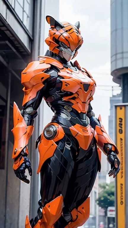 A woman adorned in fantasy-style full-body armor, a crown-concept fully enclosed helmet that unveils only her eyes, a composite layered chest plate, fully encompassing shoulder and hand guards, a lightweight waist armor, form-fitting shin guards, the overall design is heavy-duty yet flexible, ((Kamen Rider Tiger orange and black lanes color)), exhibiting a noble aura, she floats above a fantasy-surreal high-tech city, this character embodies a finely crafted fantasy-surreal style armored hero in anime style, exquisite and mature manga art style, (Queen bee mixed with Spider concept Armor, plasma, blood), ((Element, energy, elegant, goddess, femminine:1.5)), metallic, high definition, best quality, highres, ultra-detailed, ultra-fine painting, extremely delicate, professional, anatomically correct, symmetrical face, extremely detailed eyes and face, high quality eyes, creativity, RAW photo, UHD, 32k, Natural light, cinematic lighting, masterpiece-anatomy-perfect, masterpiece:1.5