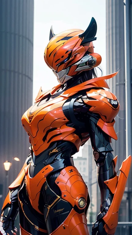 A woman adorned in fantasy-style full-body armor, a crown-concept fully enclosed helmet that unveils only her eyes, a composite layered chest plate, fully encompassing shoulder and hand guards, a lightweight waist armor, form-fitting shin guards, the overall design is heavy-duty yet flexible, ((Kamen Rider Tiger orange and black lanes color)), exhibiting a noble aura, she floats above a fantasy-surreal high-tech city, this character embodies a finely crafted fantasy-surreal style armored hero in anime style, exquisite and mature manga art style, (Queen bee mixed with Spider concept Armor, plasma, blood), ((Element, energy, elegant, goddess, femminine:1.5)), metallic, high definition, best quality, highres, ultra-detailed, ultra-fine painting, extremely delicate, professional, anatomically correct, symmetrical face, extremely detailed eyes and face, high quality eyes, creativity, RAW photo, UHD, 32k, Natural light, cinematic lighting, masterpiece-anatomy-perfect, masterpiece:1.5