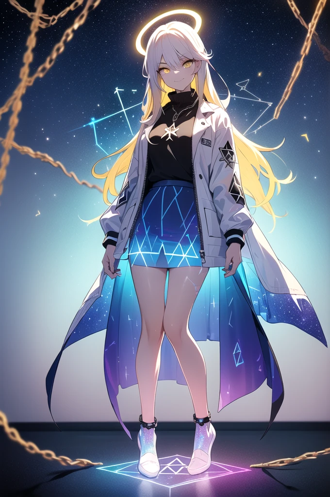 (blonde hair, long hair, sidelocks), (eyes with a mix of yellow and blue irises:1.5), two-tone eyes, multicolored eyes gradient eyes, white and blue jacket with constellation prints, (best quality,4k,8k,highres,masterpiece:1.2), ultra-detailed, portraits, (HDR:1.1), (vivid colors:1.1), (studio lighting), (bokeh), (highly saturated colors), (soft lighting), (detailed background), (subtle shadows), (ethereal glow), (pastel color palette), (delicate details), (sublime beauty), (feminine charm), (crisp focus), (fine brushwork), (impeccable craftsmanship), (emotional depth), (captivating storytelling), (intriguing narrative), (impressive realism), (exceptional artistry), (masterpiece-worthy), (awe-inspiring), blonde hair, very long hair, sidelocks, (eyes with a mix of yellow and blue irises:1.5), (two-tone eyes:1.5), (multicolored irises:1.5), multicolored eyes (gradient eyes:1.5), white and blue jacket with constellation prints, metallic skirt, (smug:1.5), (smirk), naughty face, mischievous, futuristic clothing, science fiction setting, high-tech, glowing eyes, (unicursal hexagram-shaped irises), (full body:1.5), (chains:1.5), (holographic halo:1.5), (unicursal hexagram halo:1.5), xuer hologram Laser dress