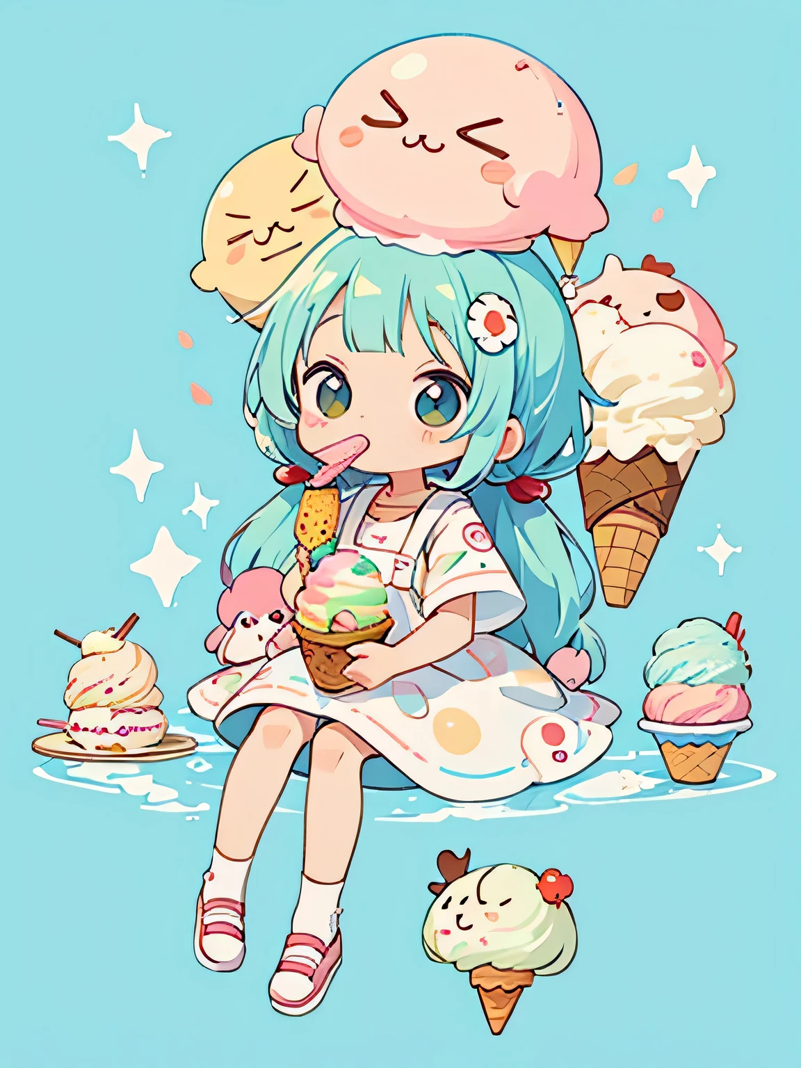 Takashi Murakami style、Cute design、The most beautiful girl of all time、Chibi、(((Lots of friends)))、(((ice cream)))、Hot Summer Afternoon