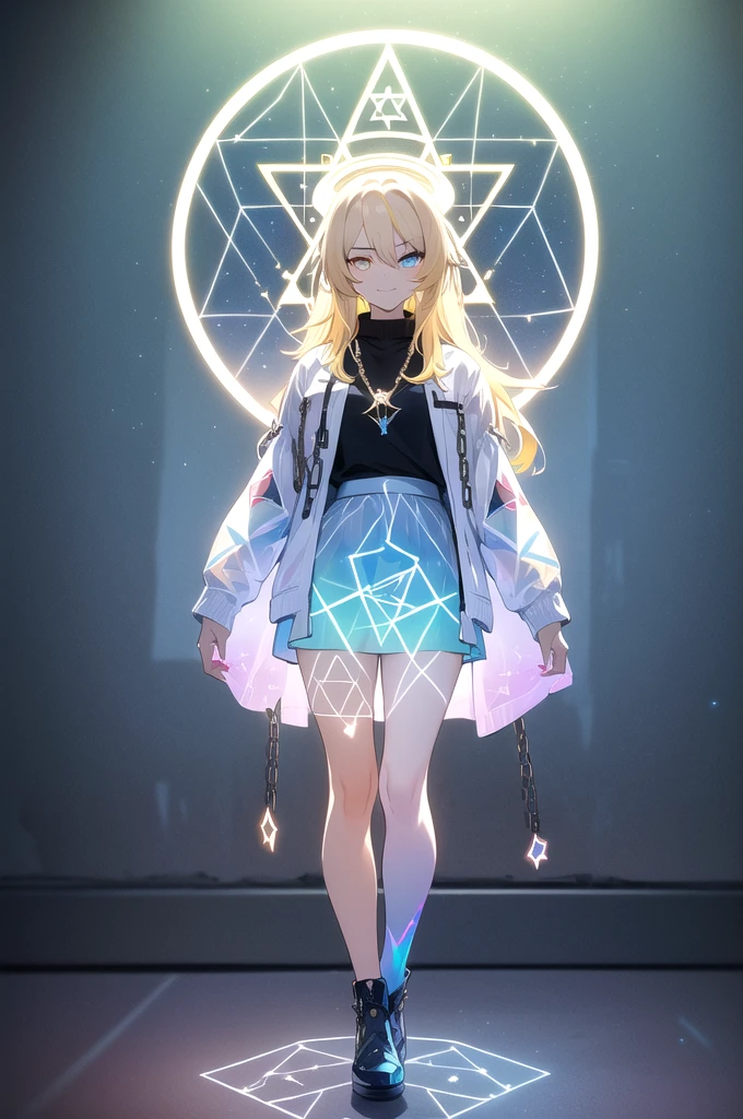 (blonde hair, long hair, sidelocks), (eyes with a mix of yellow and blue irises:1.5), two-tone eyes, (multicolored eyes:1.5) (gradient eyes:1.5), (white and blue jacket with constellation prints:1.5), (best quality,4k,8k,highres,masterpiece:1.2), ultra-detailed, portraits, (HDR:1.1), (vivid colors:1.1), (studio lighting), (bokeh), (highly saturated colors), (soft lighting), (detailed background), (subtle shadows), (ethereal glow), (pastel color palette), (delicate details), (sublime beauty), (feminine charm), (crisp focus), (fine brushwork), (impeccable craftsmanship), (emotional depth), (captivating storytelling), (intriguing narrative), (impressive realism), (exceptional artistry), (masterpiece-worthy), (awe-inspiring), blonde hair, very long hair, sidelocks, (eyes with a mix of yellow and blue irises:1.5), (two-tone eyes:1.5), (multicolored irises:1.5), multicolored eyes (gradient eyes:1.5), white and blue jacket with constellation prints, metallic skirt, (smug:1.5), (smirk), naughty face, mischievous, futuristic clothing, science fiction setting, high-tech, glowing eyes, (unicursal hexagram-shaped irises), (full body:1.5), (chains:1.5), (holographic halo:1.5), (unicursal hexagram halo:1.5), xuer hologram Laser skirt, (transparent skirt:1.5)