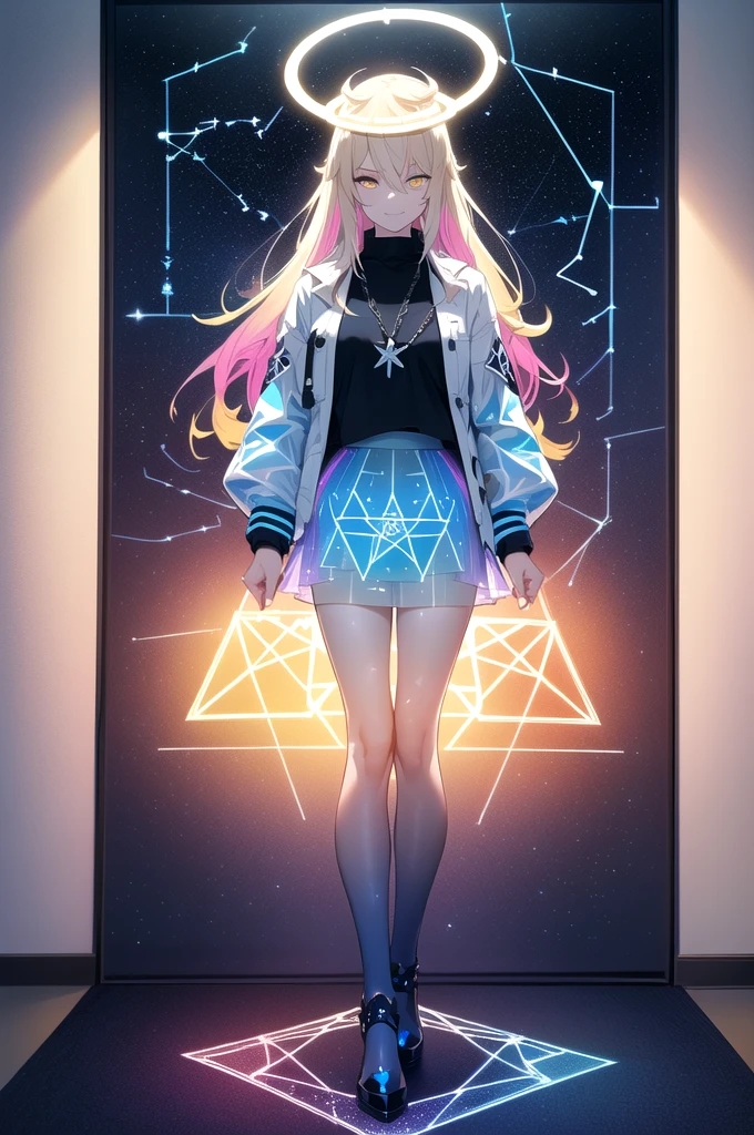 (blonde hair, long hair, sidelocks), (eyes with a mix of yellow and blue irises:1.5), two-tone eyes, (multicolored eyes:1.5) (gradient eyes:1.5), (white and blue jacket with constellation prints:1.5), (best quality,4k,8k,highres,masterpiece:1.2), ultra-detailed, portraits, (HDR:1.1), (vivid colors:1.1), (studio lighting), (bokeh), (highly saturated colors), (soft lighting), (detailed background), (subtle shadows), (ethereal glow), (pastel color palette), (delicate details), (sublime beauty), (feminine charm), (crisp focus), (fine brushwork), (impeccable craftsmanship), (emotional depth), (captivating storytelling), (intriguing narrative), (impressive realism), (exceptional artistry), (masterpiece-worthy), (awe-inspiring), blonde hair, very long hair, sidelocks, (eyes with a mix of yellow and blue irises:1.5), (two-tone eyes:1.5), (multicolored irises:1.5), multicolored eyes (gradient eyes:1.5), white and blue jacket with constellation prints, metallic skirt, (smug:1.5), (smirk), naughty face, mischievous, futuristic clothing, science fiction setting, high-tech, glowing eyes, (unicursal hexagram-shaped irises), (full body:1.5), (chains:1.5), (holographic halo:1.5), (unicursal hexagram halo:1.5), xuer hologram Laser skirt, (transparent skirt:1.5)