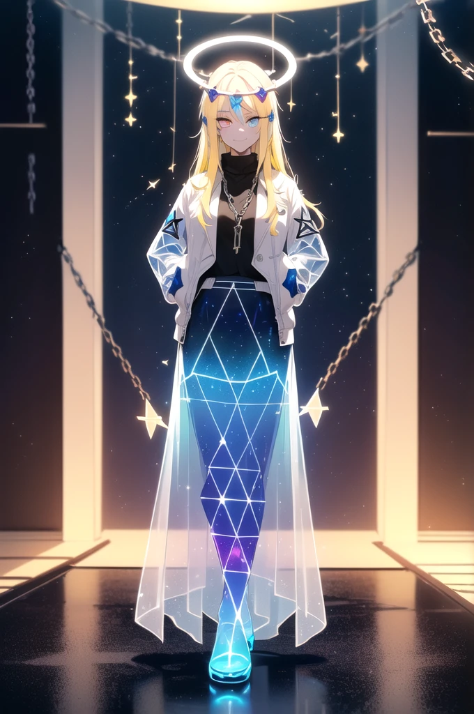 (blonde hair, long hair, sidelocks), (eyes with a mix of yellow and blue irises:1.5), two-tone eyes, (multicolored eyes:1.5) (gradient eyes:1.5), (white and blue jacket with constellation prints:1.5), (best quality,4k,8k,highres,masterpiece:1.2), ultra-detailed, portraits, (HDR:1.1), (vivid colors:1.1), (studio lighting), (bokeh), (highly saturated colors), (soft lighting), (detailed background), (subtle shadows), (ethereal glow), (pastel color palette), (delicate details), (sublime beauty), (feminine charm), (crisp focus), (fine brushwork), (impeccable craftsmanship), (emotional depth), (captivating storytelling), (intriguing narrative), (impressive realism), (exceptional artistry), (masterpiece-worthy), (awe-inspiring), blonde hair, very long hair, sidelocks, (eyes with a mix of yellow and blue irises:1.5), (two-tone eyes:1.5), (multicolored irises:1.5), multicolored eyes (gradient eyes:1.5), white and blue jacket with constellation prints, metallic skirt, (smug:1.5), (smirk), naughty face, mischievous, futuristic clothing, science fiction setting, high-tech, glowing eyes, (unicursal hexagram-shaped irises), (full body:1.5), (chains:1.5), (holographic halo:1.5), (unicursal hexagram halo:1.5), xuer hologram Laser skirt, (transparent skirt:1.5)