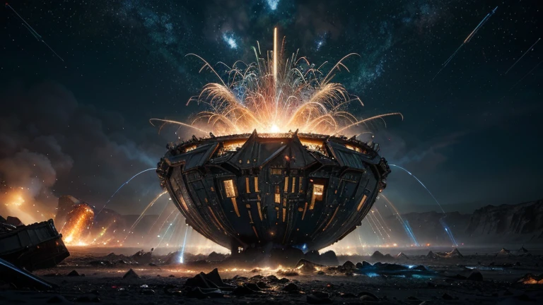 (best quality,4k,8k,highres,masterpiece:1.2),ultra-detailed,(realistic,photorealistic,photo-realistic:1.37),alien craft exploding,breaking in space,light blue and red rays bouncing off it,cosmic background,detailed debris scattering,shining sparks,celestial wreckage,dark shadows,eerie glow,glimmering fragments,metallic shimmering,otherworldly explosion,starry backdrop,intergalactic chaos,destructive force,fiery burst,sublime destruction,cinematic impact,cosmic spectacle,unleashed energy,universe in turmoil,scattered remnants,celestial catastrophe,expanding shockwave,chaotic beauty,colorful cosmic burst,dazzling luminescence,disintegrating spacecraft,dramatic disarray,galactic detonation,surreal cosmic scene,illuminated fragments,extraterrestrial chaos,mesmerizing spectacle,wrecked celestial vessel,vibrant celestial fireworks,cosmic annihilation,thrilling cosmic event,lustrous wreckage,extraordinary explosion,twinkling fragments,luminous energy eruption,spacecraft impact,planet-shaking blast,magnificent celestial explosion,distant celestial havoc,Universe in awe.