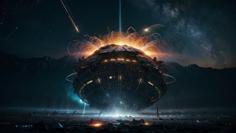 (best quality,4k,8k,highres,masterpiece:1.2),ultra-detailed,(realistic,photorealistic,photo-realistic:1.37),alien craft exploding,breaking in space,light blue and red rays bouncing off it,cosmic background,detailed debris scattering,shining sparks,celestial wreckage,dark shadows,eerie glow,glimmering fragments,metallic shimmering,otherworldly explosion,starry backdrop,intergalactic chaos,destructive force,fiery burst,sublime destruction,cinematic impact,cosmic spectacle,unleashed energy,universe in turmoil,scattered remnants,celestial catastrophe,expanding shockwave,chaotic beauty,colorful cosmic burst,dazzling luminescence,disintegrating spacecraft,dramatic disarray,galactic detonation,surreal cosmic scene,illuminated fragments,extraterrestrial chaos,mesmerizing spectacle,wrecked celestial vessel,vibrant celestial fireworks,cosmic annihilation,thrilling cosmic event,lustrous wreckage,extraordinary explosion,twinkling fragments,luminous energy eruption,spacecraft impact,planet-shaking blast,magnificent celestial explosion,distant celestial havoc,Universe in awe.