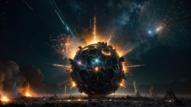 (best quality,4k,8k,highres,masterpiece:1.2),ultra-detailed,(realistic,photorealistic,photo-realistic:1.37),alien craft exploding,breaking in space,light blue and red rays bouncing off it,cosmic background,detailed debris scattering,shining sparks,celestial wreckage,dark shadows,eerie glow,glimmering fragments,metallic shimmering,otherworldly explosion,starry backdrop,intergalactic chaos,destructive force,fiery burst,sublime destruction,cinematic impact,cosmic spectacle,unleashed energy,universe in turmoil,scattered remnants,celestial catastrophe,expanding shockwave,chaotic beauty,colorful cosmic burst,dazzling luminescence,disintegrating spacecraft,dramatic disarray,galactic detonation,surreal cosmic scene,illuminated fragments,extraterrestrial chaos,mesmerizing spectacle,wrecked celestial vessel,vibrant celestial fireworks,cosmic annihilation,thrilling cosmic event,lustrous wreckage,extraordinary explosion,twinkling fragments,luminous energy eruption,spacecraft impact,planet-shaking blast,magnificent celestial explosion,distant celestial havoc,Universe in awe.