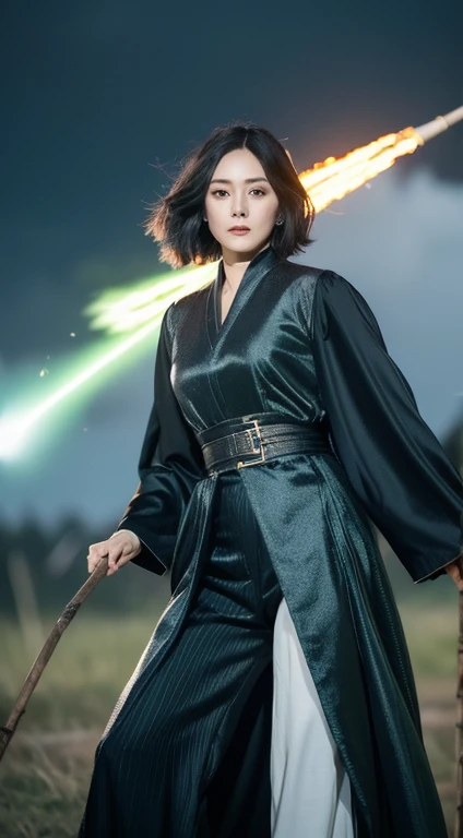 1woman, wizard, short hair, black hair, silver eyes, green blouse, long pants of the hem , stormy sky, have a long stick of the wizard, beam goes out of the tip of the stick, Hat of the wizard, dark color long Robe of the wizard, dynamic pose, flying over the sky, in battle