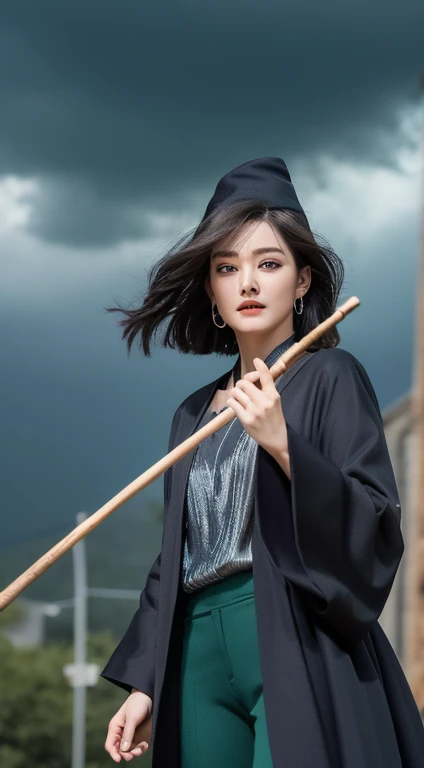 1woman, wizard, short hair, black hair, silver eyes, green blouse, long pants of the hem , stormy sky, have a long stick of the wizard, beam goes out of the tip of the stick, Hat of the wizard, dark color long Robe of the wizard, dynamic pose, flying over the sky, in battle
