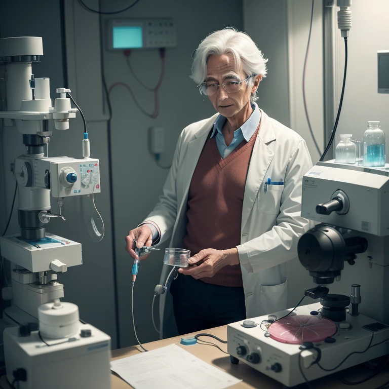 Scientist in a lab coat conducts stem cell therapy on a patient suffering from asbestosis. The advanced technology involves a petri dish filled with vibrant, dividing stem cells, a microscope, and intricate medical equipment. The patient, with a hopeful expression, watches the process unfold. The room is filled with a sense of optimism and the potential for new life and healing.