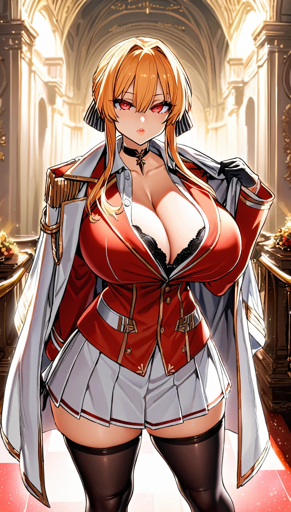 monarch \(azur lane\), \(azur lane\), 1girl, blond hair, red eyes, thick lips, masterpiece, best quality, highres, huge breasts, (black bra), bra peek, looking at viewer, expressionless, cleavage, collar bone, tight white military uniform, unbuttoned shirt, collared shirt, red_military_jacket, jacket_on_shoulders, sleeves_past_wrists, black gloves, black choker, white skirt, pleated skirt, black thighhighs, skinny, posing, fancy ballroom, backlighting