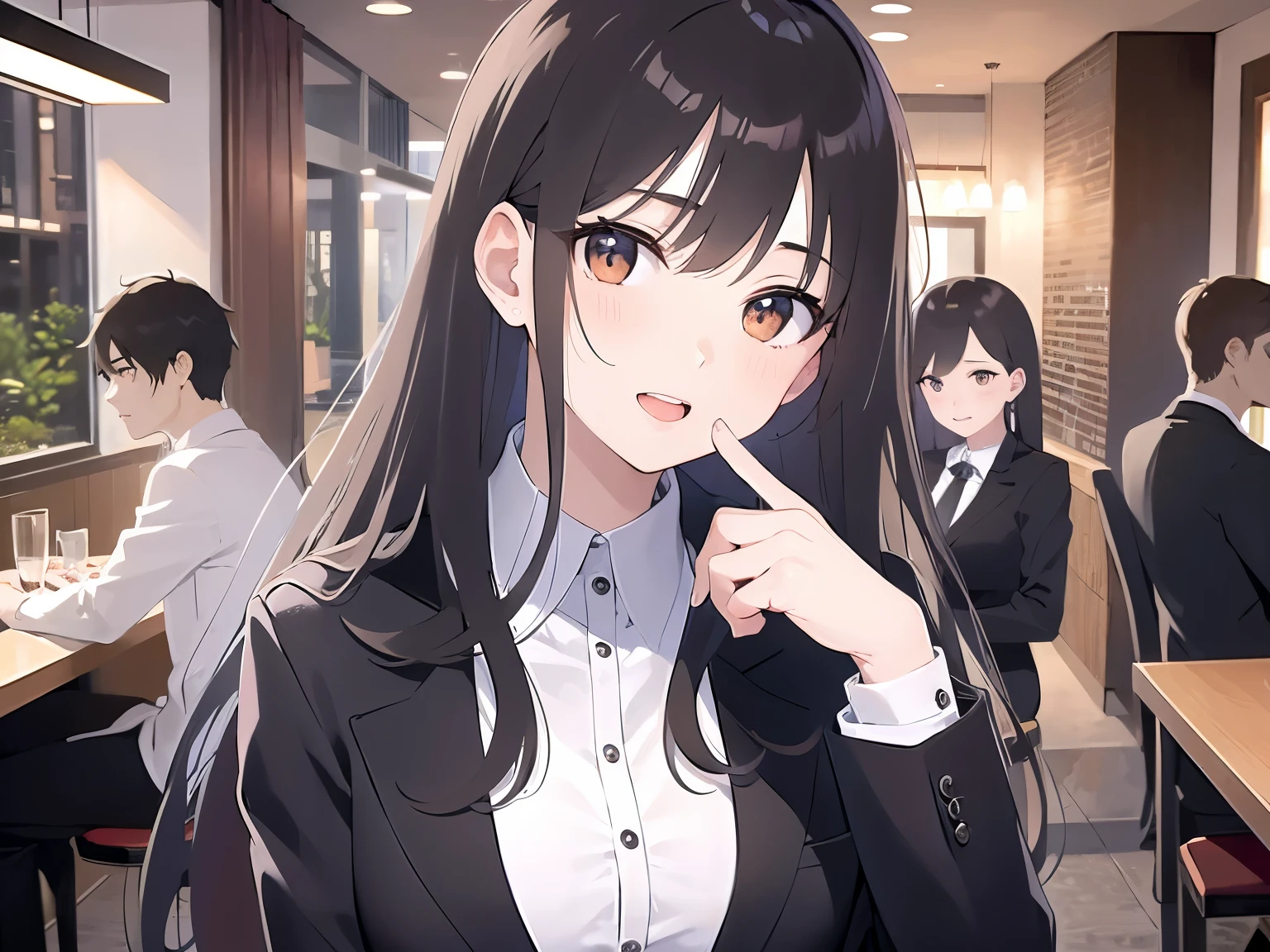 Biologically correct five fingers、pointing at self、Upper Body, Realistic, real person, (pale skin: 1.2), RAW photo, photorealistic, portrait photography, shiny skin, shiny hair、(A 25-year-old woman with medium-length hair and bangs) and (wavy hair) and (brown hair) and (orange eyes) , (Black business suit:1.5) and (White shirt) 、surprised, open mouth, The background is the interior of a restaurant at night.、Alone、Are standing