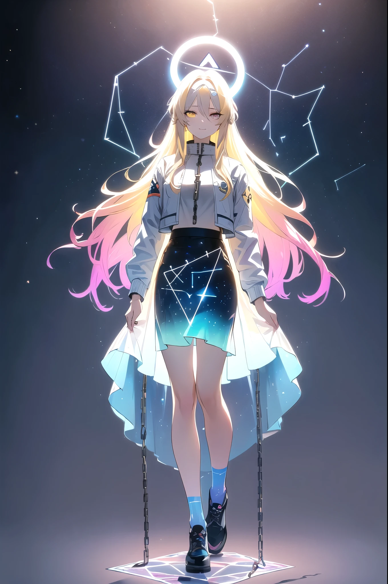 (blonde hair, long hair, sidelocks), (eyes with a mix of yellow and blue irises:1.5), two-tone eyes, (multicolored eyes:1.5) (gradient eyes:1.5), (white and blue jacket with constellation prints:1.5), (best quality,4k,8k,highres,masterpiece:1.2), ultra-detailed, portraits, (HDR:1.1), (vivid colors:1.1), (studio lighting), (bokeh), (highly saturated colors), (soft lighting), (detailed background), (subtle shadows), (ethereal glow), (pastel color palette), (delicate details), (sublime beauty), (feminine charm), (crisp focus), (fine brushwork), (impeccable craftsmanship), (emotional depth), (captivating storytelling), (intriguing narrative), (impressive realism), (exceptional artistry), (masterpiece-worthy), (awe-inspiring), blonde hair, very long hair, sidelocks, (eyes with a mix of yellow and blue irises:1.5), (two-tone eyes:1.5), (multicolored irises:1.5), multicolored eyes (gradient eyes:1.5), white and blue jacket with constellation prints, metallic skirt, (smug:1.5), (smirk), naughty face, mischievous, futuristic clothing, science fiction setting, high-tech, glowing eyes, (unicursal hexagram-shaped irises), (full body:1.5), (chains:1.5), (holographic halo:1.5), (unicursal hexagram halo:1.5), xuer hologram Laser skirt, (transparent skirt:1.5)