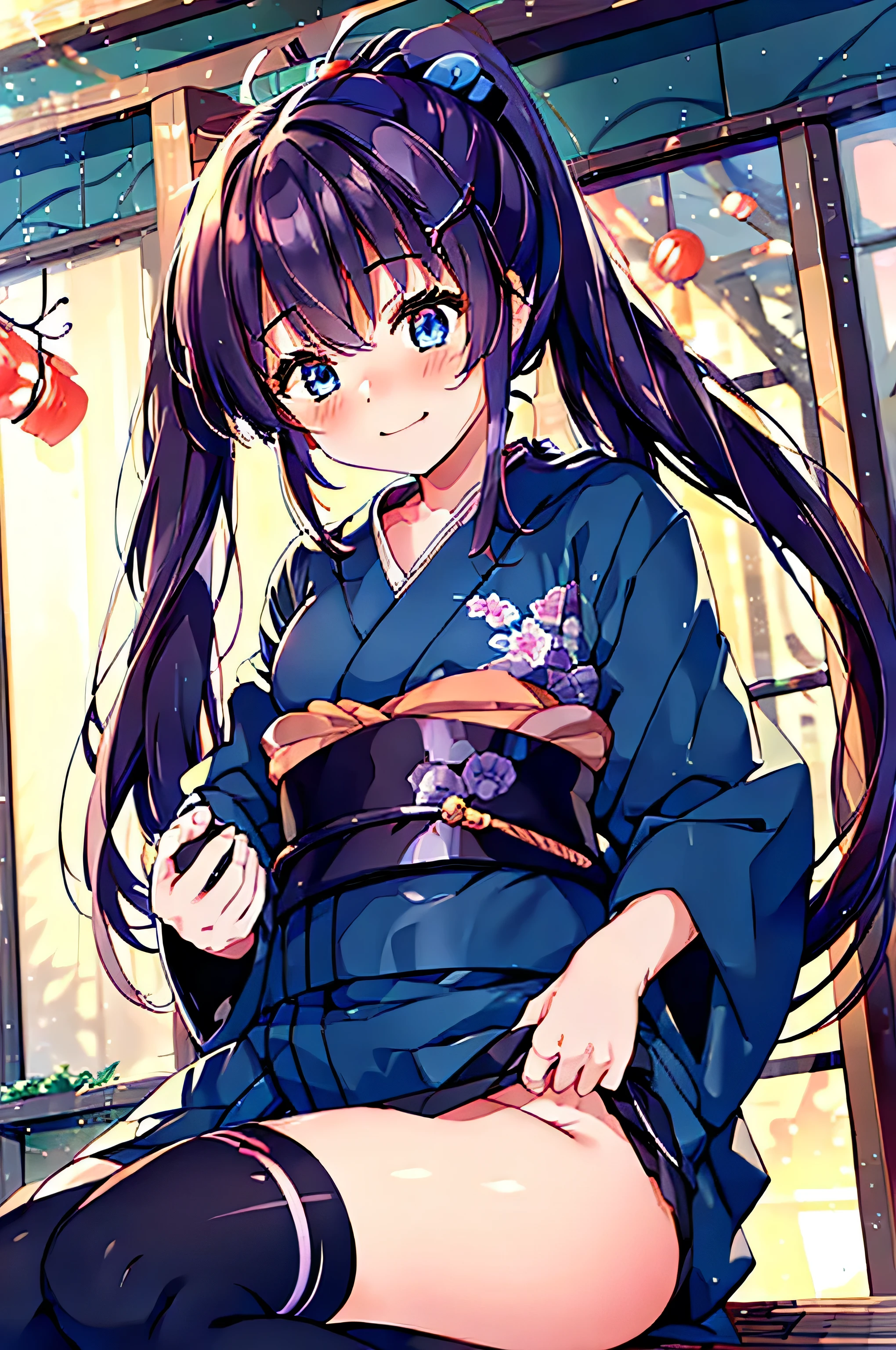 (masterpiece), highest quality, Expressive eyes, Perfect face beautiful. Beautiful anime is Japan cute girl. Kimono is kimono. Japanese girls have long hair. Hair color is black. Hairstyle: Ponytail. single eyelid. The eyes are hooded、Sensual and、Deeply depressed、Fascinating and mysterious. The expression is a smile. Where is the dojo. Pick up a Japanese sword. The situation is the skill motion of a Japanese sword..