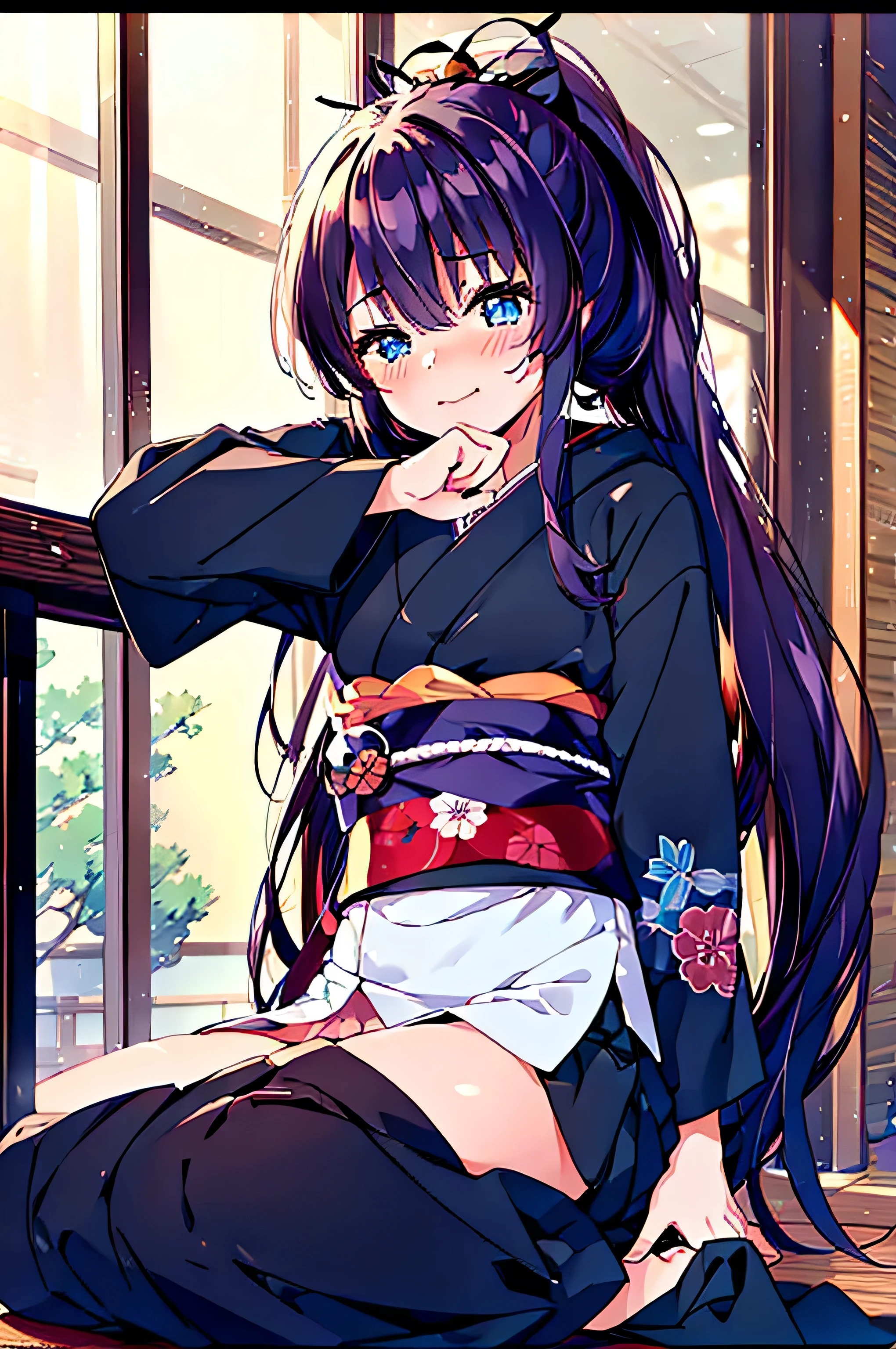 (masterpiece), highest quality, Expressive eyes, Perfect face beautiful. Beautiful anime is Japan cute girl. Kimono is kimono. Japanese girls have long hair. Hair color is black. Hairstyle: Ponytail. single eyelid. The eyes are hooded、Sensual and、Deeply depressed、Fascinating and mysterious. The expression is a smile. Where is the dojo. Pick up a Japanese sword. The situation is the skill motion of a Japanese sword..