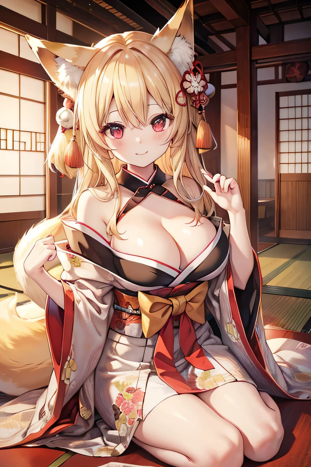 highest quality、、Big Breasts、Cleavage、Fox ears、Long blonde、Red Eye、kimono、smile、Japanese-style room