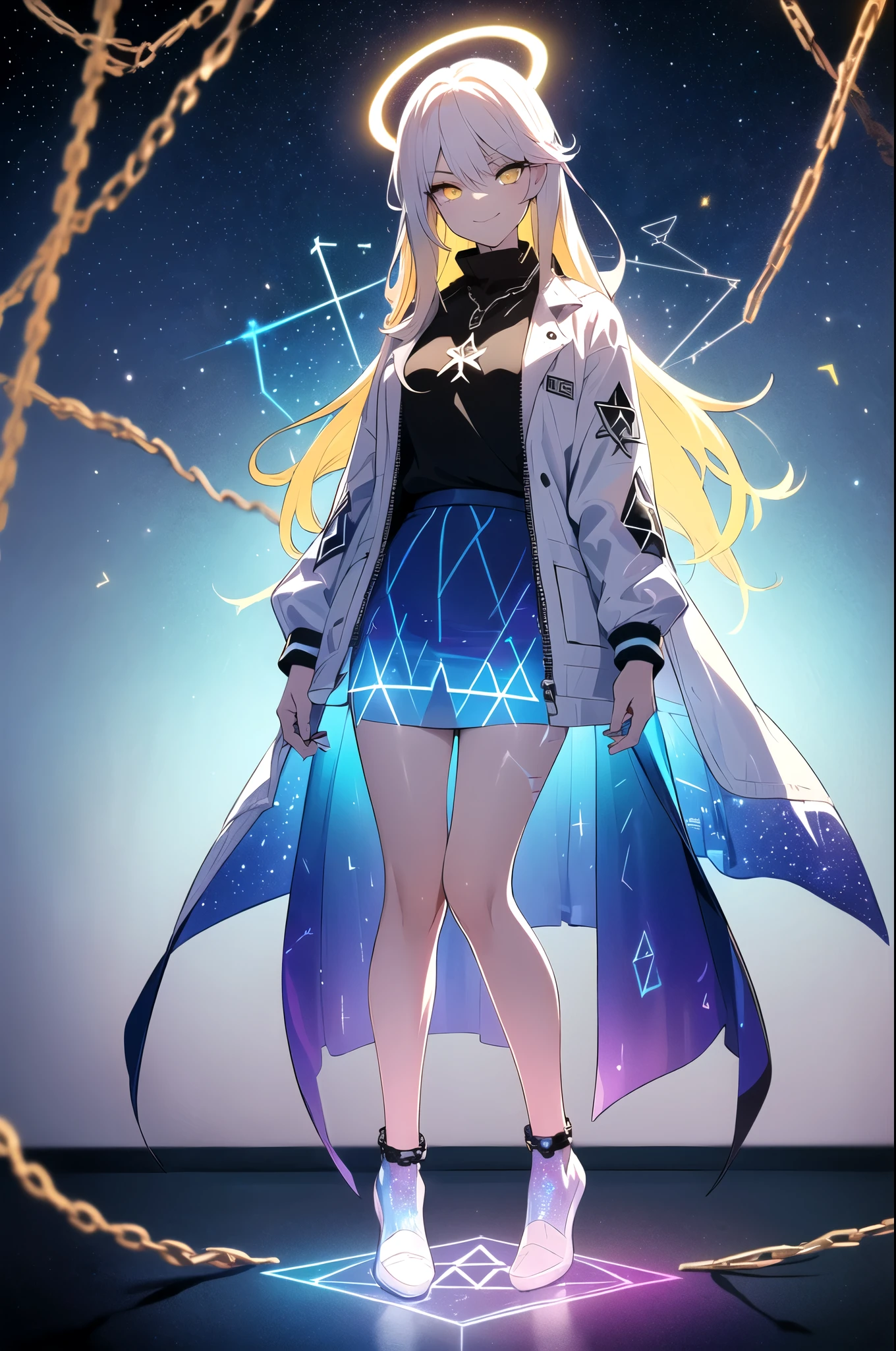 (blonde hair, long hair, sidelocks), (eyes with a mix of yellow and blue irises:1.5), two-tone eyes, (multicolored eyes:1.5) (gradient eyes:1.5), (white and blue jacket with constellation prints:1.5), (best quality,4k,8k,highres,masterpiece:1.2), ultra-detailed, portraits, (HDR:1.1), (vivid colors:1.1), (studio lighting), (bokeh), (highly saturated colors), (soft lighting), (detailed background), (subtle shadows), (ethereal glow), (pastel color palette), (delicate details), (sublime beauty), (feminine charm), (crisp focus), (fine brushwork), (impeccable craftsmanship), (emotional depth), (captivating storytelling), (intriguing narrative), (impressive realism), (exceptional artistry), (masterpiece-worthy), (awe-inspiring), blonde hair, very long hair, sidelocks, (eyes with a mix of yellow and blue irises:1.5), (two-tone eyes:1.5), (multicolored irises:1.5), multicolored eyes (gradient eyes:1.5), white and blue jacket with constellation prints, metallic skirt, (smug:1.5), (smirk), naughty face, mischievous, futuristic clothing, science fiction setting, high-tech, glowing eyes, (unicursal hexagram-shaped irises), (full body:1.5), (chains:1.5), (holographic halo:1.5), (unicursal hexagram halo:1.5), xuer hologram Laser skirt, (transparent skirt:1.5)