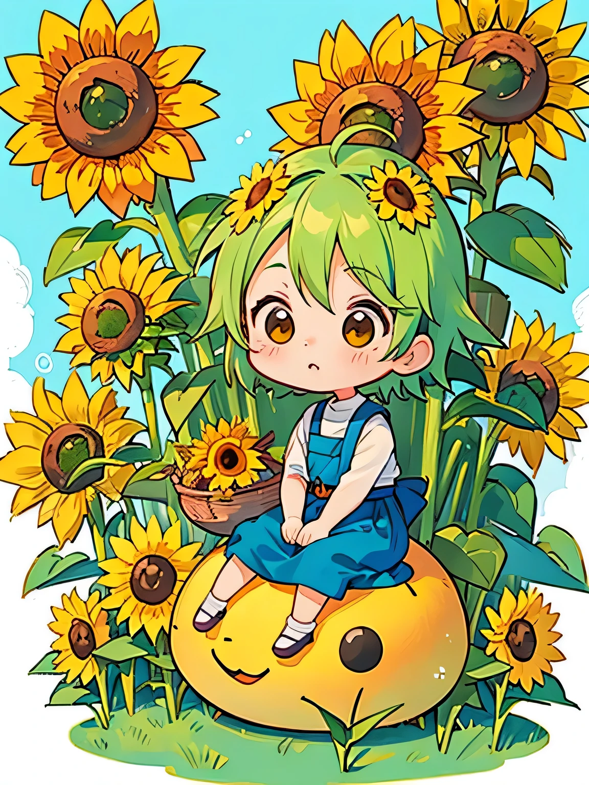 akira toriyama style、Cute design、The most beautiful girl of all time、Chibi、(((Lots of friends)))、(((sunflower)))、Hot Summer Afternoon