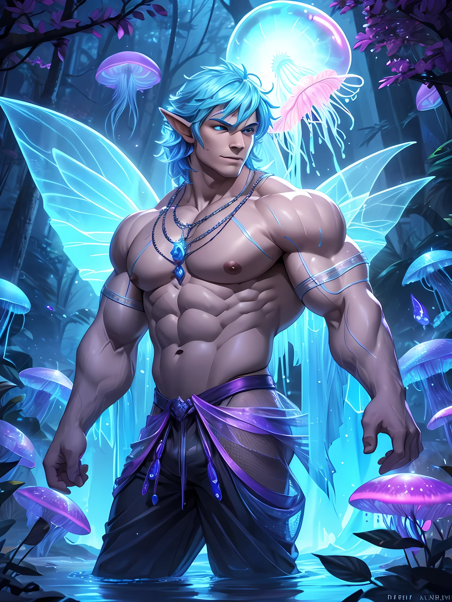 1boy, young male, teen, fairy, innocent face, cute face, youthful face, tanned skin, tribal, tribal tattoo, black eyes, fairy wings, black fairy wings, long hair, undercut, hair half shaved, purple hair, thin body, muscular, short, sexy, skimpy, jockstrap, shadow magic, light magic, shadow energy, light energy, necromancer, monk, monk outfit