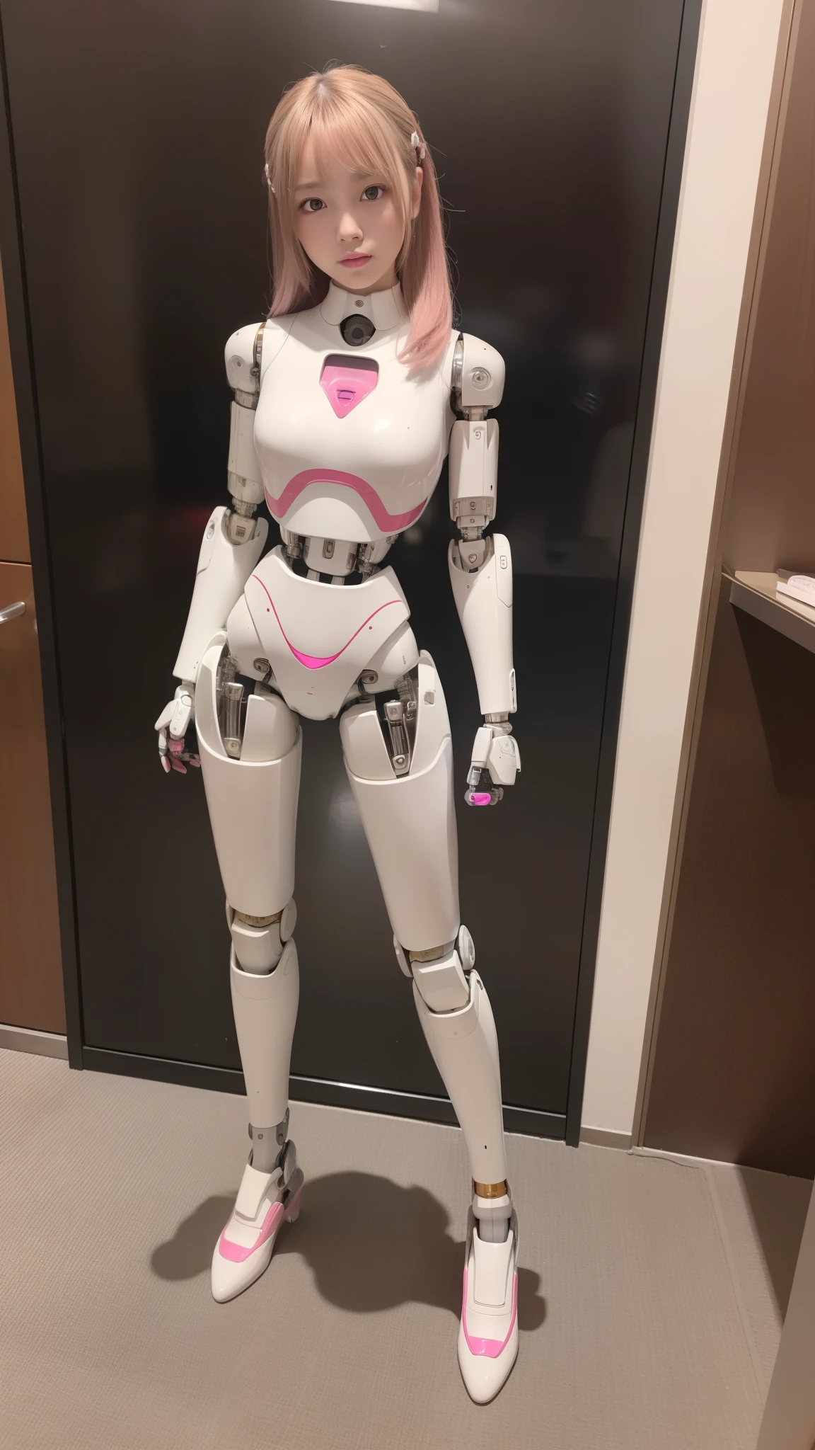 (Photorealsitic:1.4)、one robot girl、(top-quality)、(hyperdetailed face)、(Super well-formed face)、(Robot Parts)、(Female-Robot)、(-old)、(wh)、(pink there)、(gold)、(metallic)、(full-body)、(sexy pose)、(Slender body)、(Model body type)、(full body mech)、(Akihabara)、(is looking at the camera)、(A brown-haired)、(Well-proportioned body)、(a small face)、(a small head)、(well-groomed fingers)、(Idol)、(front facing)、(Standing with legs open)、(Photo session)、(Looks sad)、(perfect-female-robot)、(perfect-mechanical-body)