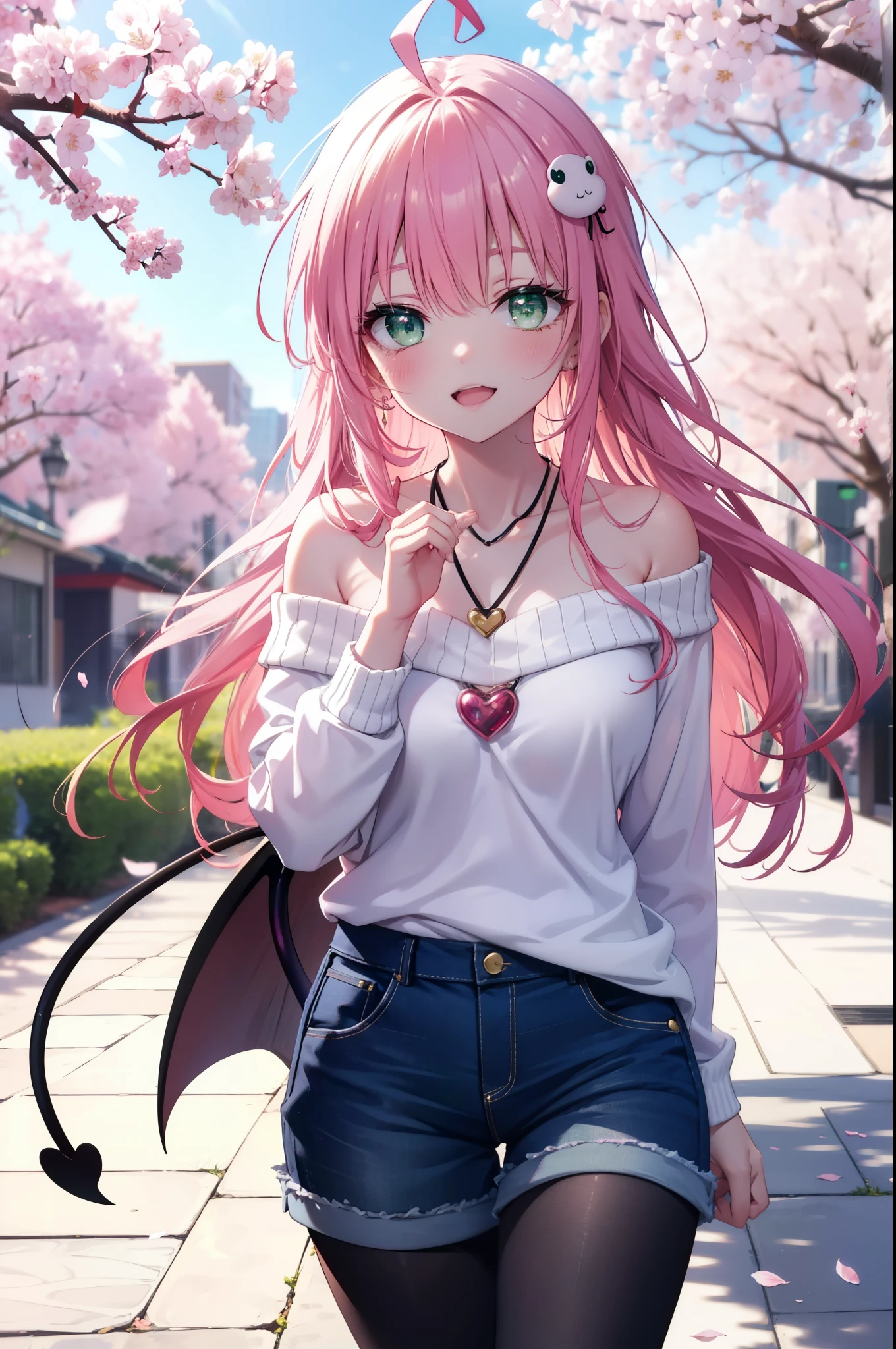 Lara Deviluke, Lara Deviluke, Long Hair, Pink Hair, tail, Ahoge, bangs, hair ornaments, (Green Eyes:1.5), happy smile, smile, Open your mouth,demon tail,Off-the-shoulder sweater,Exposing shoulders,bare clavicle,Bare neck,Heart Pendant,Shorts,Black Pantyhose,short boots,Cherry blossoms are blooming,Cherry blossoms are scattered,Cherry blossom tree-lined path,Daytime,Clear skies,
break outdoors, city,ビル街
break looking at viewer, (Cowboy Shot:1. 5)
break (masterpiece:1.2), highest quality, High resolution, unity 8k w全てpaper, (shape:0.8), (beautiful detailed eyes:1.6), extremely detailed face, Perfect lighting, extremely detailed CG, (Perfect hands, Perfect Anatomy),