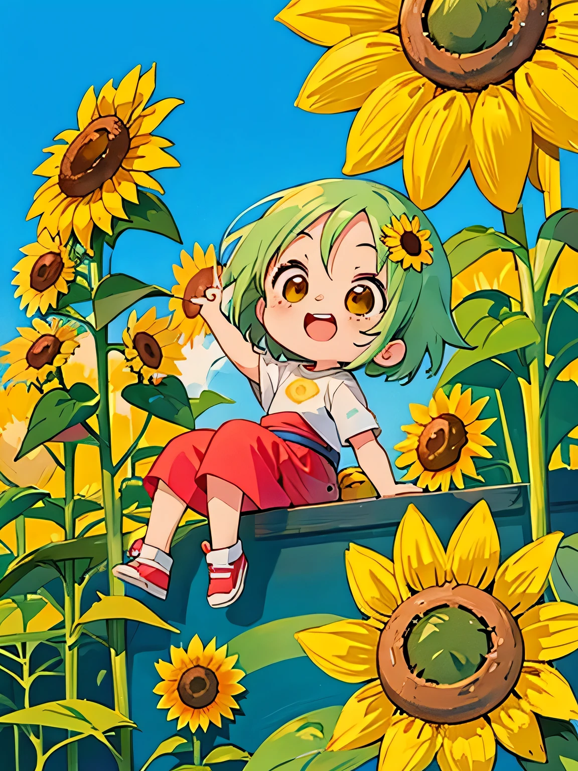 akira toriyama style、Cute design、The most beautiful girl of all time、Chibi、(((Lots of friends)))、(((sunflower)))、Hot Summer Afternoon