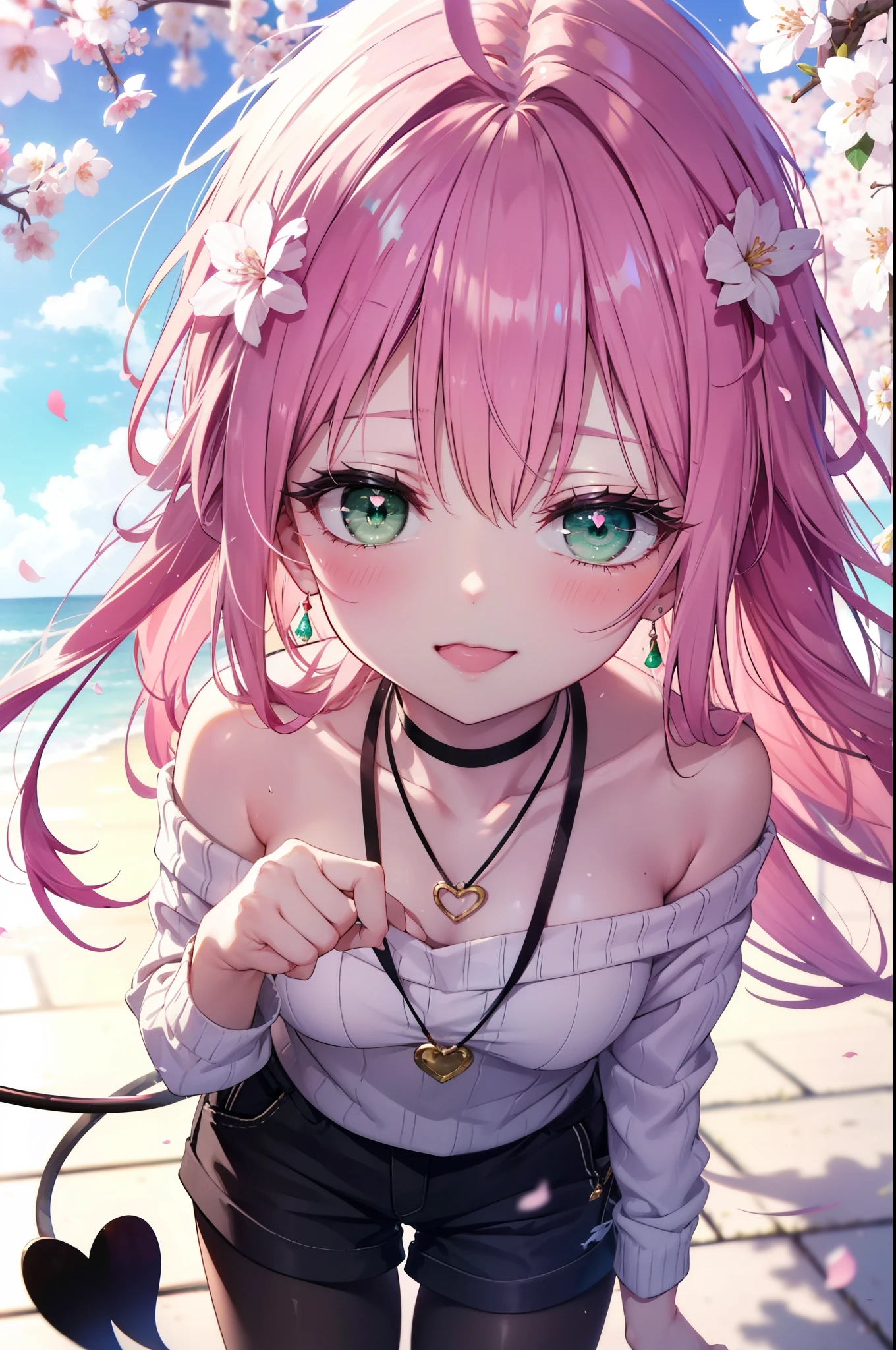 Lara Deviluke, Lara Deviluke, Long Hair, Pink Hair, tail, Ahoge, bangs, hair ornaments, (Green Eyes:1.5), happy smile, smile, Open your mouth,demon tail,Off-the-shoulder sweater,Exposing shoulders,bare clavicle,Bare neck,Heart Pendant,Shorts,Black Pantyhose,short boots,Cherry blossoms are blooming,Cherry blossoms are scattered,Cherry blossom tree-lined path,Daytime,Clear skies,
break outdoors, city,ビル街
break looking at viewer, (Cowboy Shot:1. 5)
break (masterpiece:1.2), highest quality, High resolution, unity 8k w全てpaper, (shape:0.8), (beautiful detailed eyes:1.6), extremely detailed face, Perfect lighting, extremely detailed CG, (Perfect hands, Perfect Anatomy),