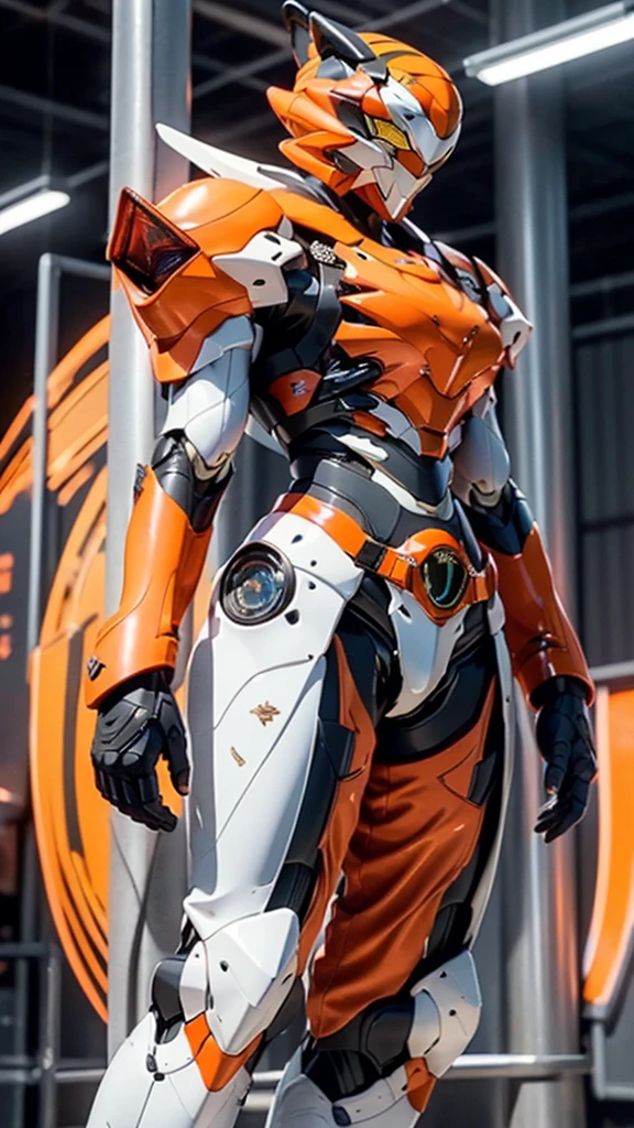 A woman adorned in fantasy-style full-body armor, a crown-concept fully enclosed helmet that unveils only her eyes, a composite layered chest plate, fully encompassing shoulder and hand guards, a lightweight waist armor, form-fitting shin guards, the overall design is heavy-duty yet flexible, ((Kamen Rider Tiger orange and black lanes color)), ((belt, driver)), exhibiting a noble aura, she floats above a fantasy-surreal high-tech city, this character embodies a finely crafted fantasy-surreal style armored hero in anime style, exquisite and mature manga art style, (Queen bee mixed with Spider concept Armor, plasma, blood), ((Element, energy, elegant, goddess, femminine:1.5)), metallic, high definition, best quality, highres, ultra-detailed, ultra-fine painting, extremely delicate, professional, anatomically correct, symmetrical face, extremely detailed eyes and face, high quality eyes, creativity, RAW photo, UHD, 32k, Natural light, cinematic lighting, masterpiece-anatomy-perfect, masterpiece:1.5