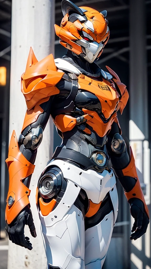 A woman adorned in fantasy-style full-body armor, a crown-concept fully enclosed helmet that unveils only her eyes, a composite layered chest plate, fully encompassing shoulder and hand guards, a lightweight waist armor, form-fitting shin guards, the overall design is heavy-duty yet flexible, ((Kamen Rider Tiger orange and black lanes color)), ((belt, driver)), exhibiting a noble aura, she floats above a fantasy-surreal high-tech city, this character embodies a finely crafted fantasy-surreal style armored hero in anime style, exquisite and mature manga art style, (Queen bee mixed with Spider concept Armor, plasma, blood), ((Element, energy, elegant, goddess, femminine:1.5)), metallic, high definition, best quality, highres, ultra-detailed, ultra-fine painting, extremely delicate, professional, anatomically correct, symmetrical face, extremely detailed eyes and face, high quality eyes, creativity, RAW photo, UHD, 32k, Natural light, cinematic lighting, masterpiece-anatomy-perfect, masterpiece:1.5