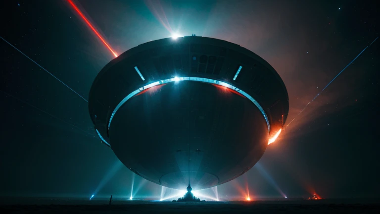 A vast, gigantic alien craft exploring in space with light blue and red rays emanating from it